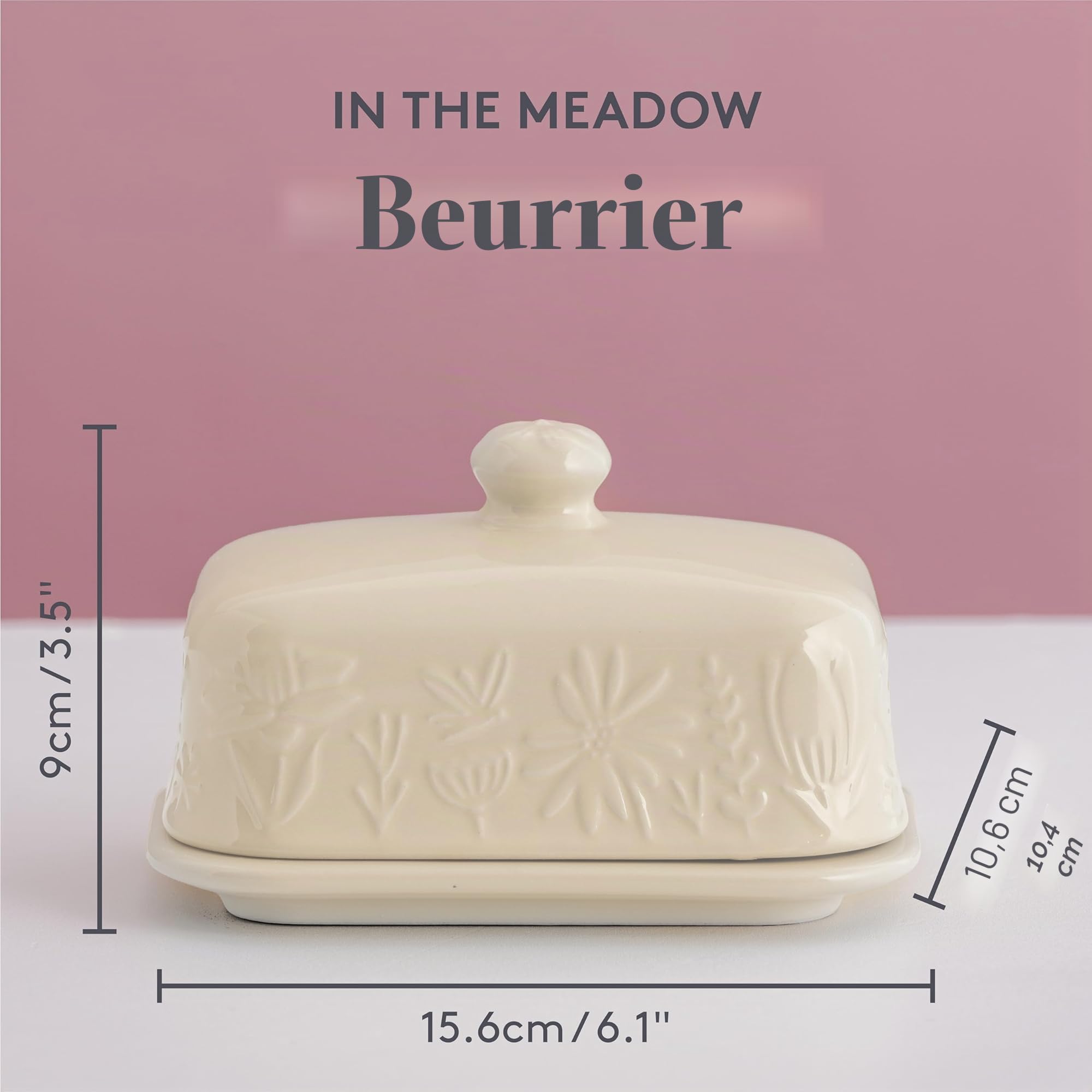 Mason Cash Beurrier In the Meadow - Motif floral en relief - En grès durable - Couvercle hermétique - Peut contenir jusqu'à 500 g de beurre - Rangement classique de cuisine et de table (9 cm H x 15,6