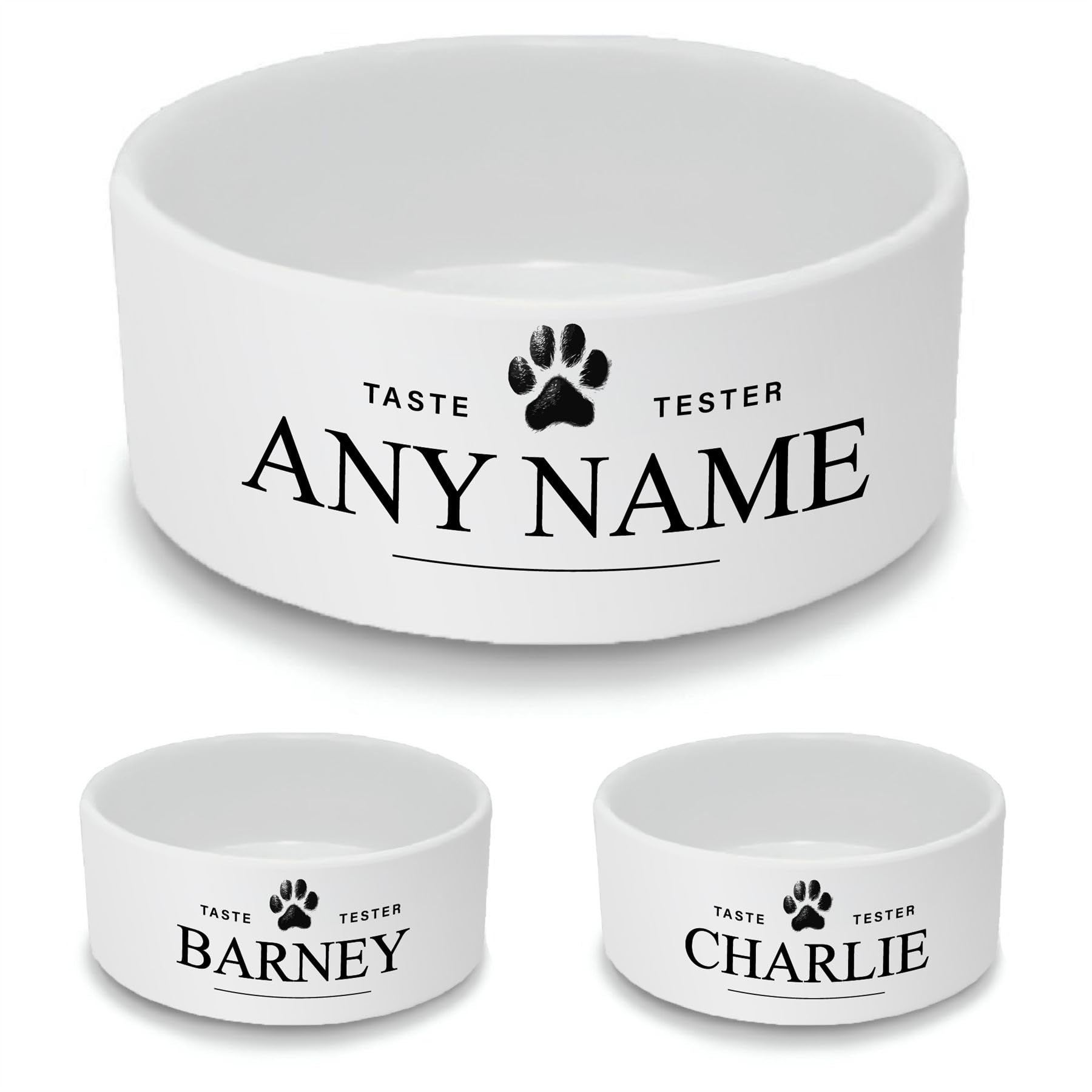 Personalised Ceramic Dog Bowl - Large White Pet Food Dish with Taste Tester Design - Custom Name Dog Bowl 18cm Wide x 7cm Deep - Ideal for Medium to Large Dogs — image 1