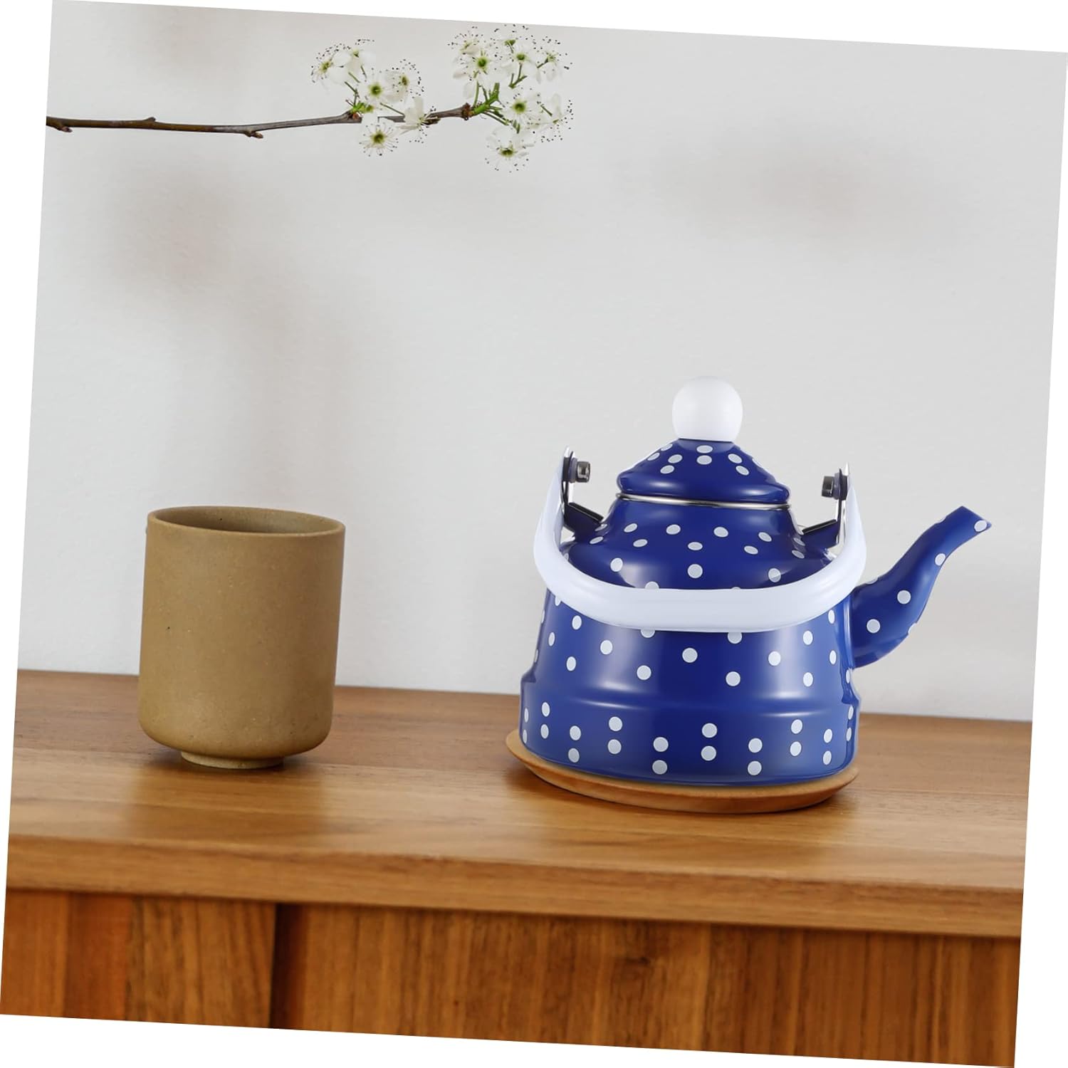 Vintage Enamel Tea Kettle Stovetop Teapot Dots Design Ergonomic Handle Suitable for Induction Electric Gas Stoves for Tea Parties and Camping