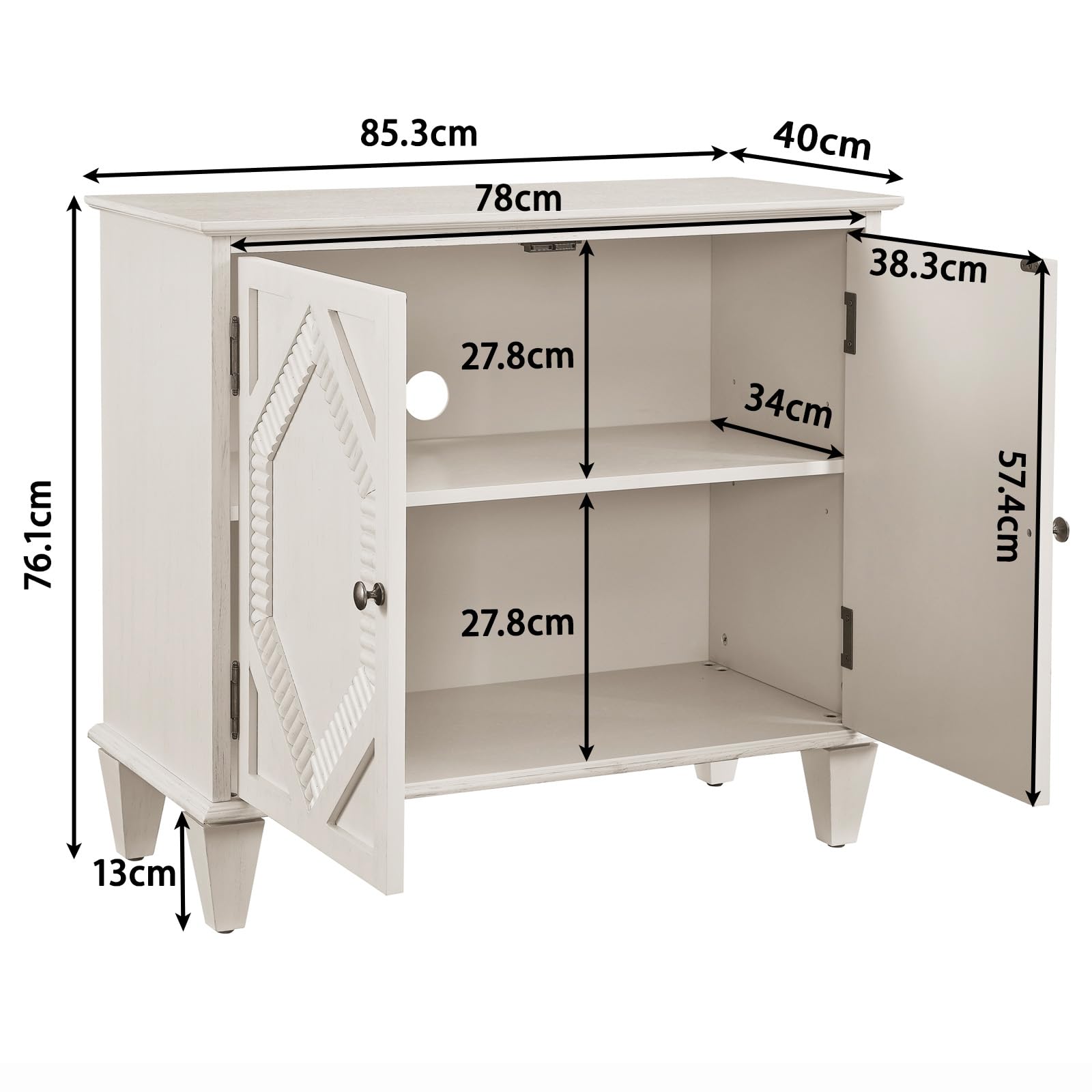 Drewniany kredens 85 cm z miejscem do przechowywania retro komoda do salonu | Antyczna biel z 2 półkami i regulowaną półką, geometryczny wzór do salonu, korytarza, jadalni, kuchni