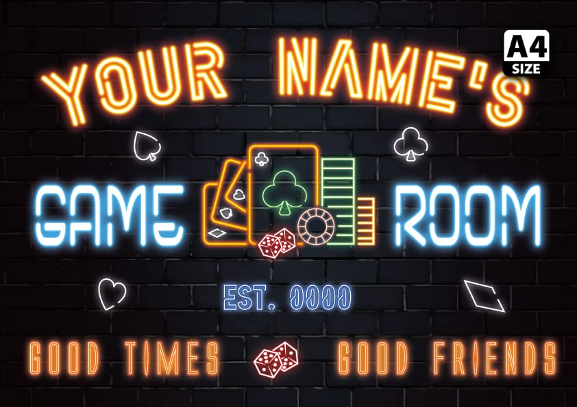 ELITEPRINT Personalised Poker Casino Neon Effect Sign Custom Wall Art Decor Metal Plaque - Wall Art Decorations (A4 (29.7cm x 21cm))