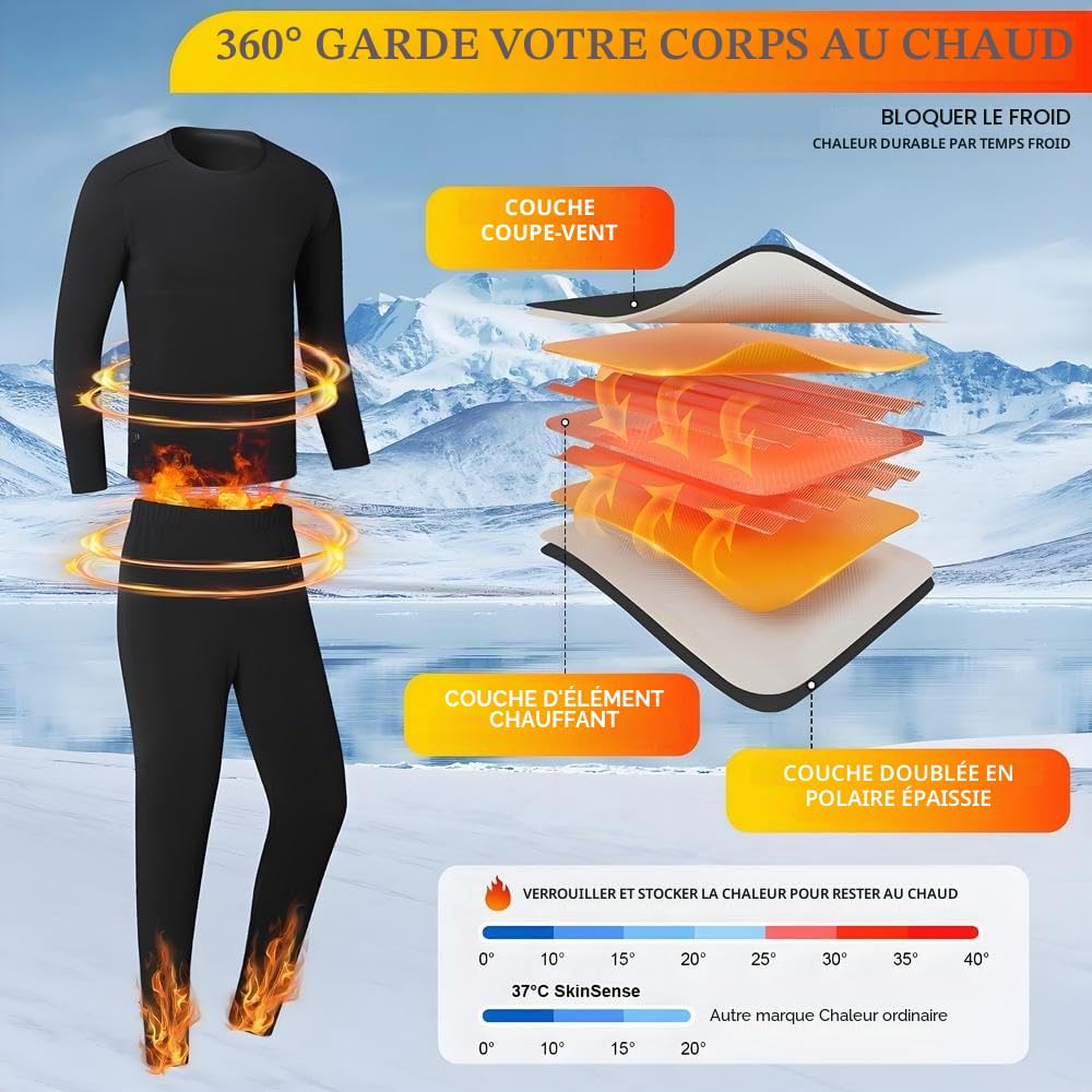 Ensemble de sous-vêtements Thermiques Chauffants pour Homme et Femme Chargement USB 42 Zones Intelligent, pour l'hiver et Le Froid & S/4XL