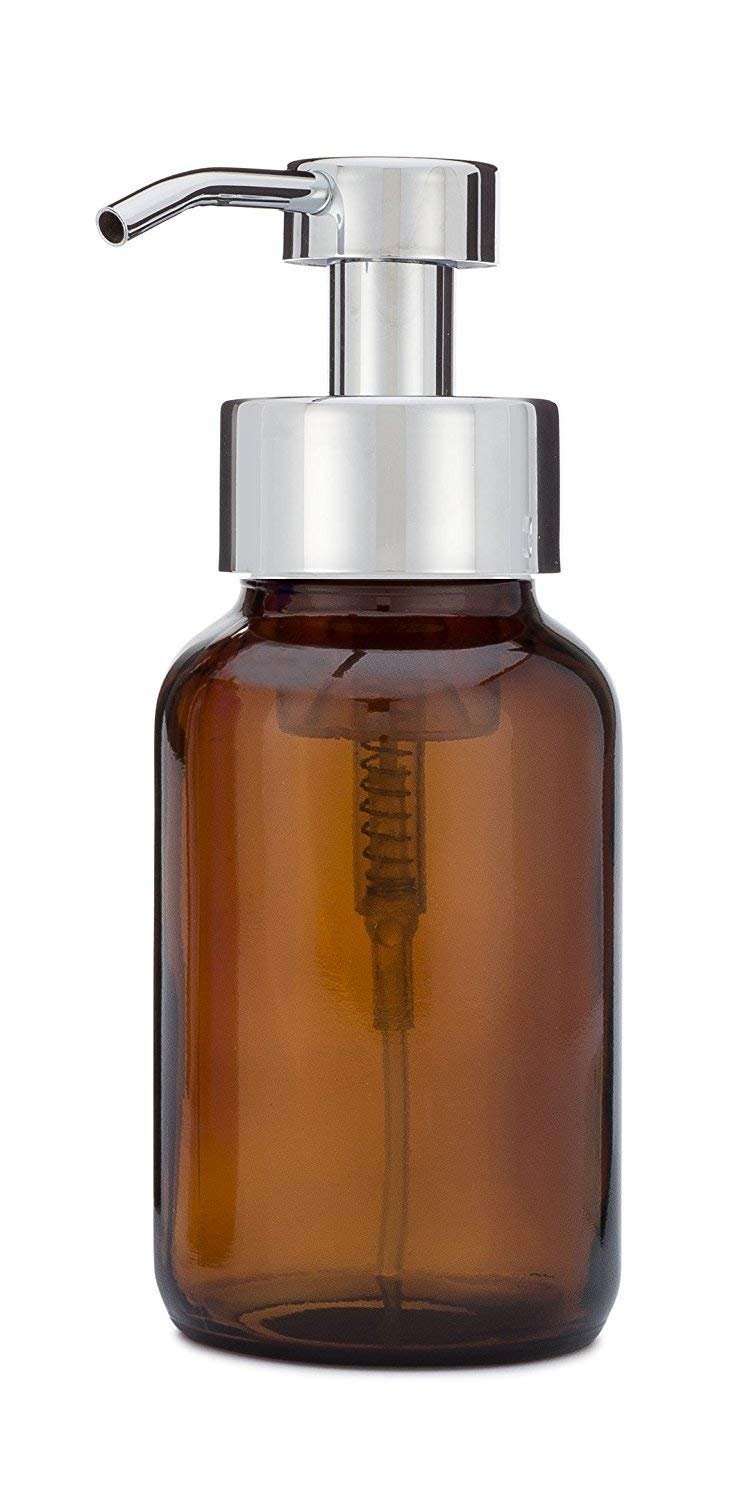 Rail19 Amber Glass Apothecary Foaming Soap Dispenser with Metal Pump - for Kitchen and Bathroom Countertop, 8.5oz (Polished Chrome)