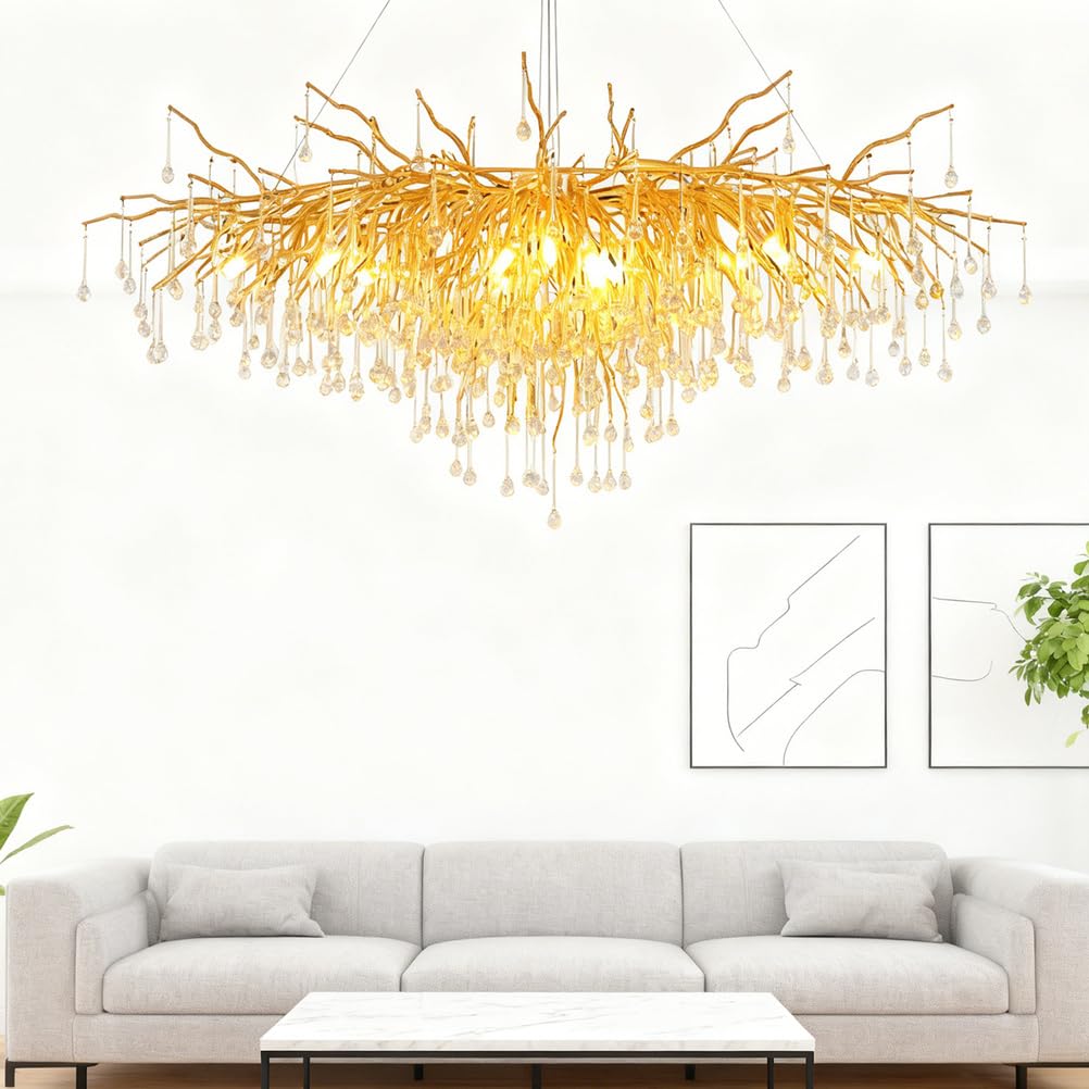 KXEcoLife Modern Crystal Chandelier for Living Room, Branch Light Fixture, Luxury Raindrop Tree Chandeliers Dining Bedroom, Entryway, Foyer, High Ceiling,L100cmB