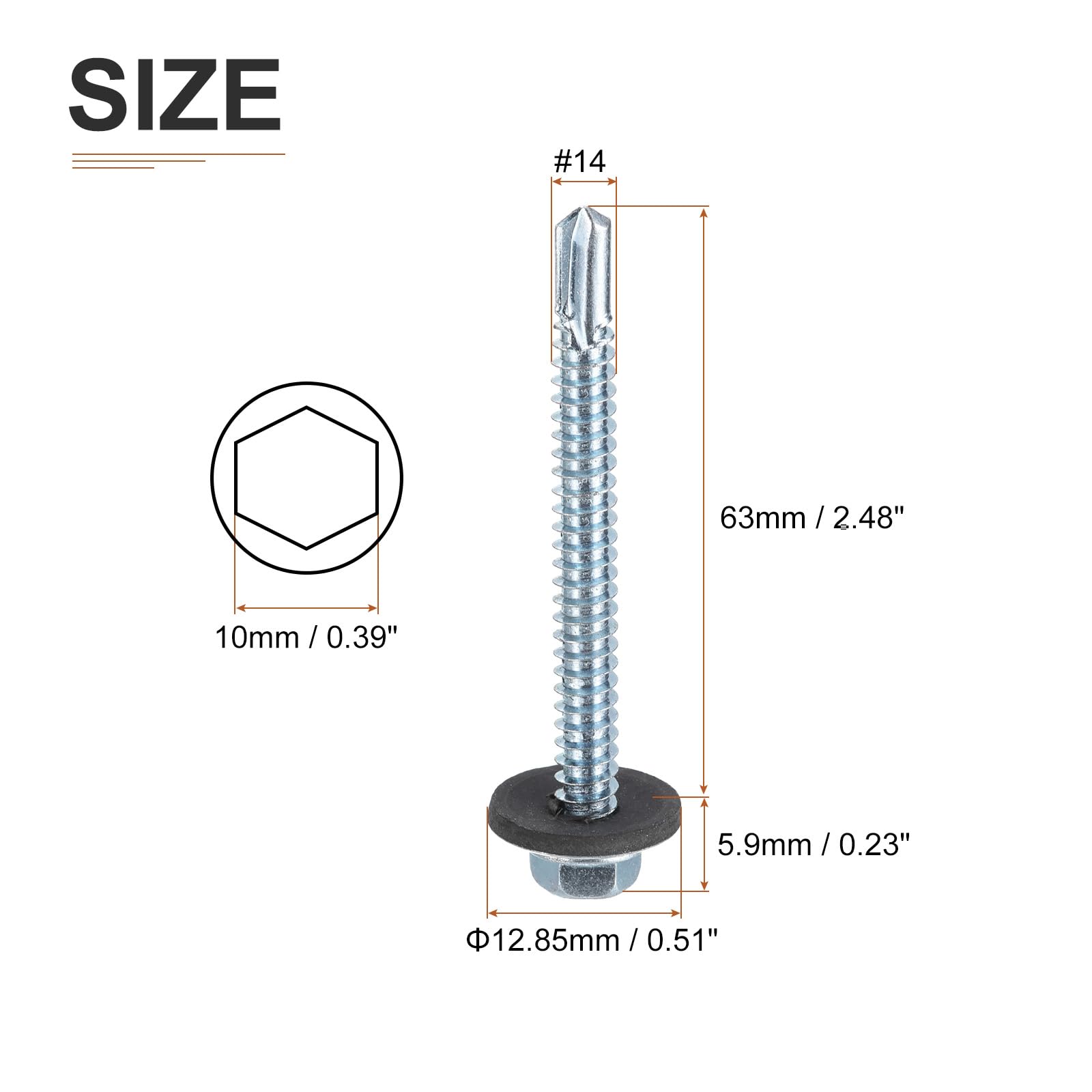 DTGN #14x2-1/2" Hex Washer Head Self Drilling Screws with EPDM Washer, 25Pack, Good for Metal - Image 2
