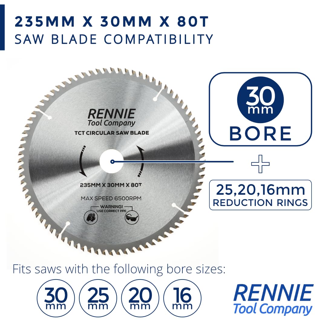 Rennie Tools - Lame circolari per legno da 235 mm x 30 mm x 40T e 80T TCT con anelli di riduzione del foro da 25 mm, 20 mm e 16 mm. Compatibile con sega circolare Bosch Makita Deewalt ecc. Lama per