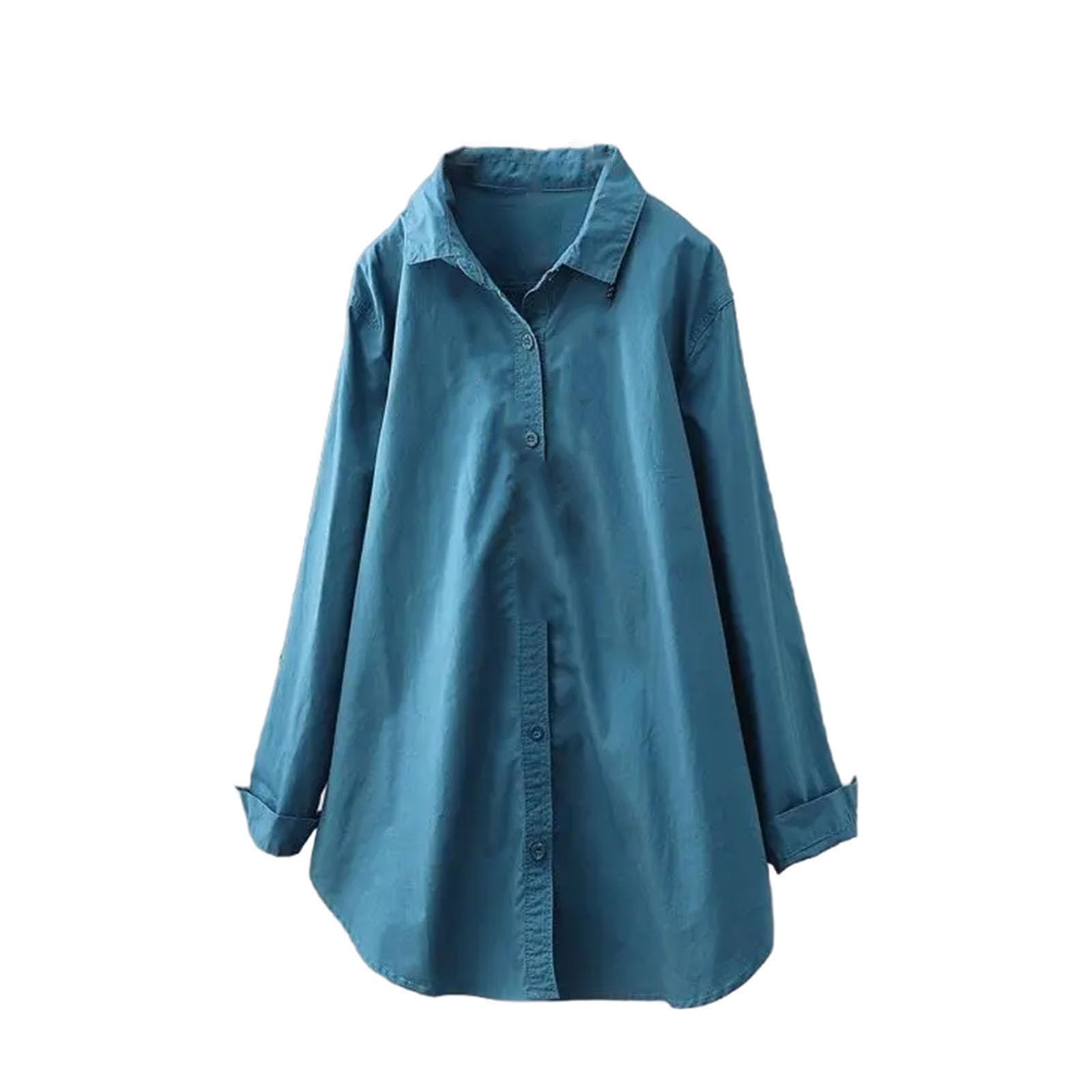 Camisa de algodón y lino para mujer, de manga larga, con botones, estilo informal, color liso