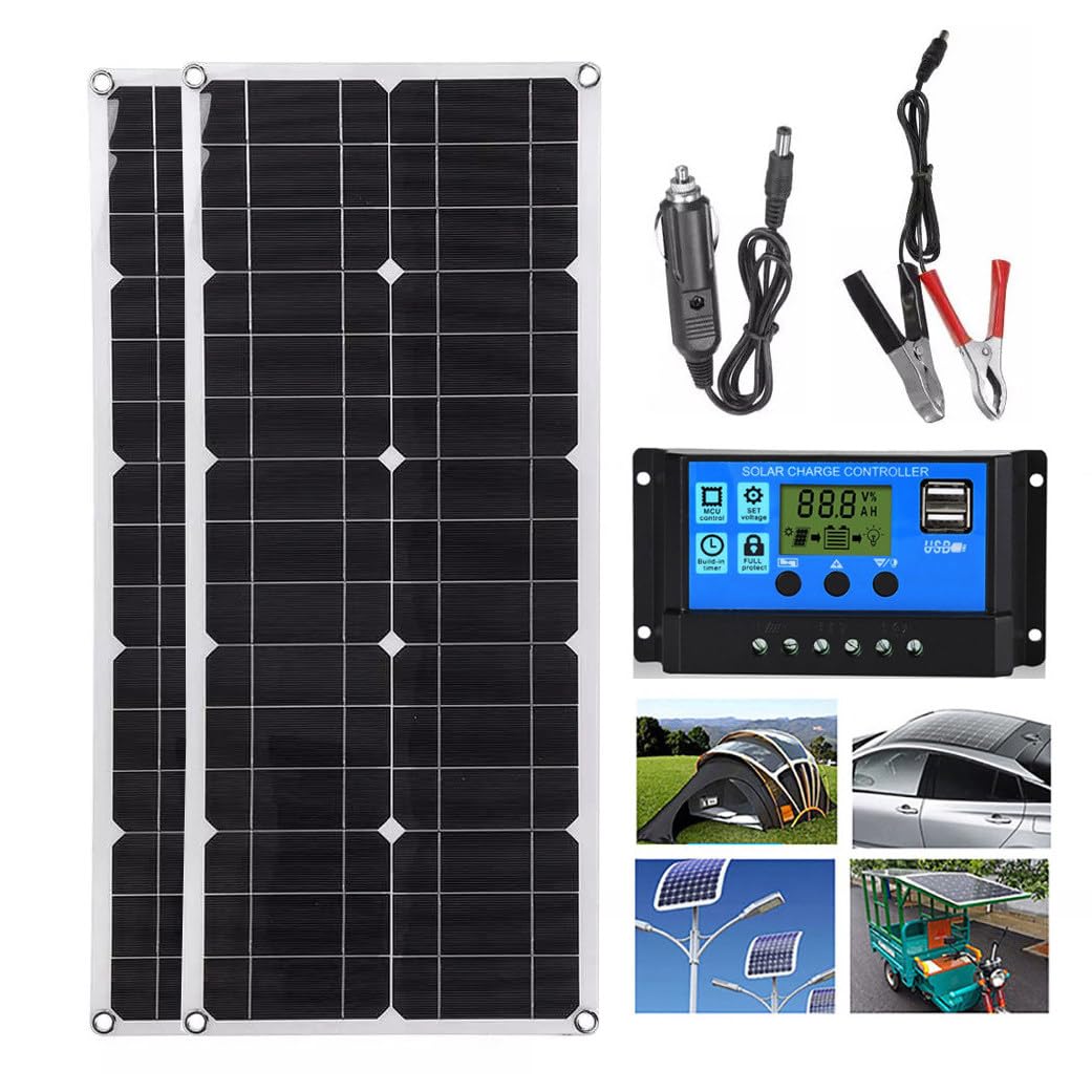 Panneau Solaire Flexible 100W 200W 300W 400W 500W 600W + Régulateur 40A, Portable pour Camping-Car/Toit/Bateau/Voiture/Camping, Ultra Léger/Fin/Étanche, Double Ports USB 2x100W