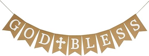 Miniatura 8 de Shimmer Anna Shine Cartel de arpillera "God Bless" Decoración cristiana rústica para baby shower, bautismo, bautismo y primera comunión (impresión