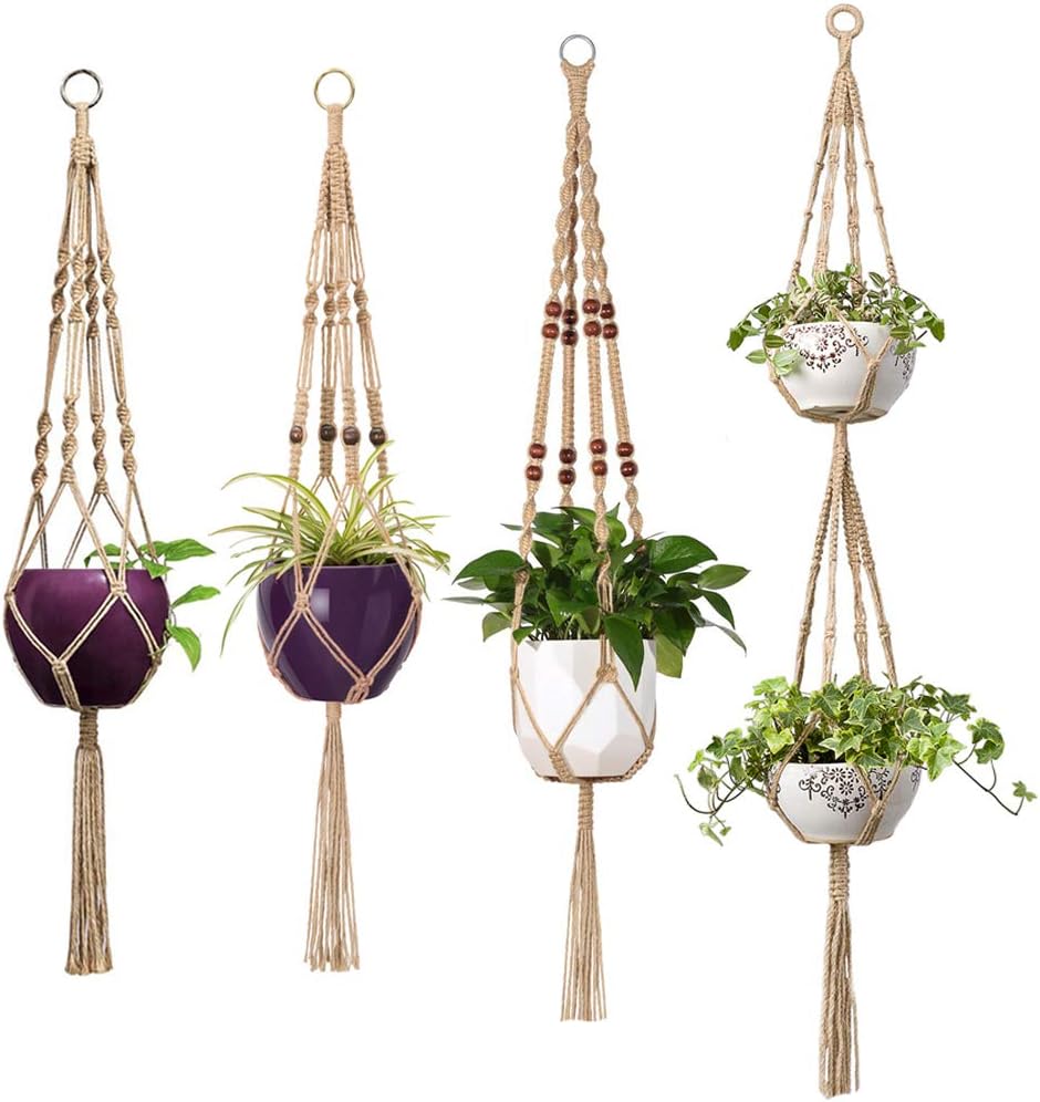 Mkono 4 Pcs Macrame Plant Hangers Indoor Outdoor Hanging Planter Basket Jute Rope Flower Pot Holder Boho Hippie Style