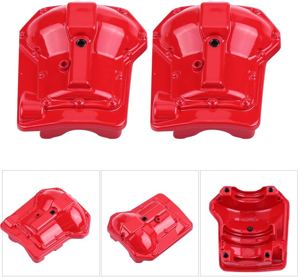 Multiple views of two red metal RC axle covers