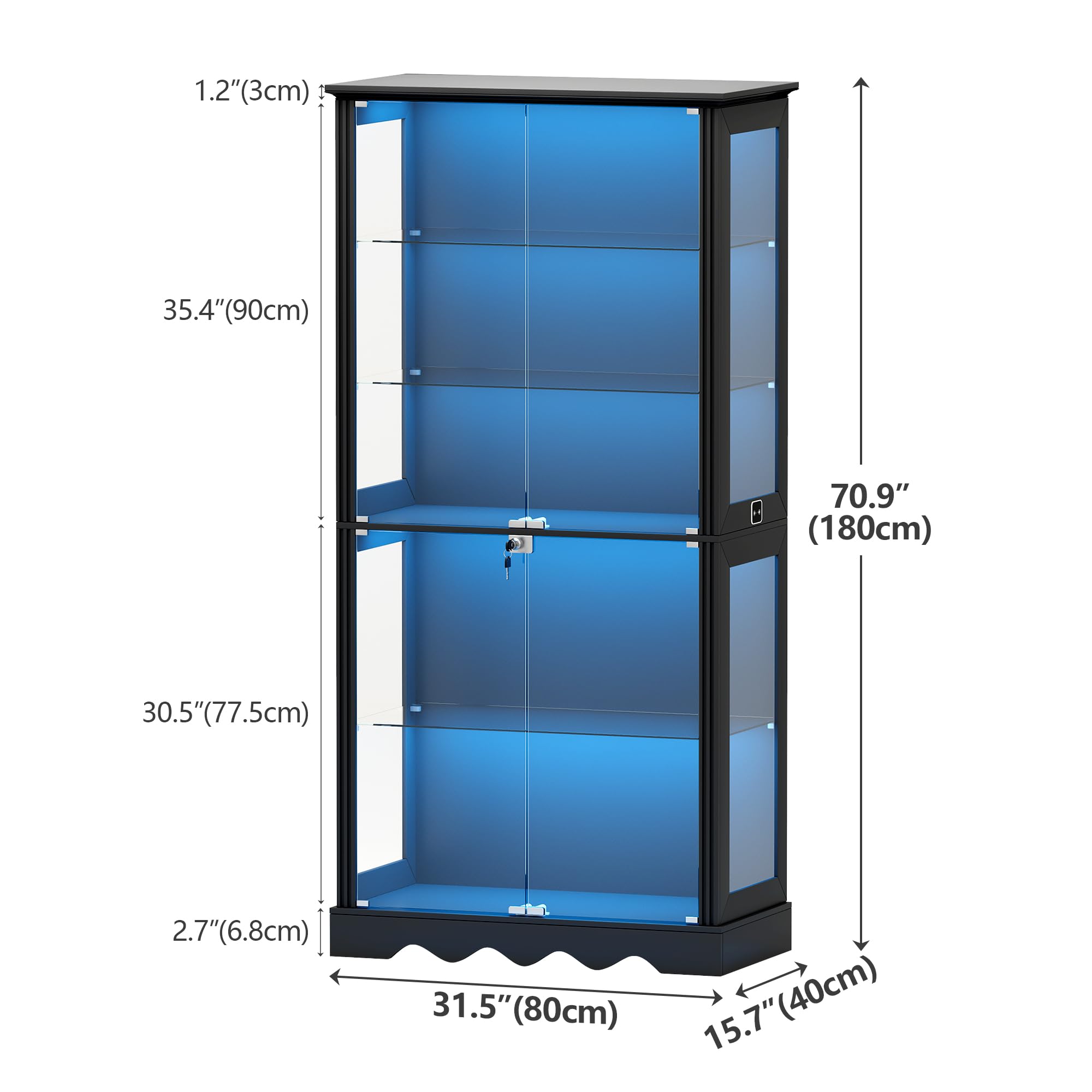 Lvifur Vitrina de cristal de 5 capas de 180 cm, con iluminación LED y puertas de cristal, color negro | Vitrina con sensor inteligente para coleccionables