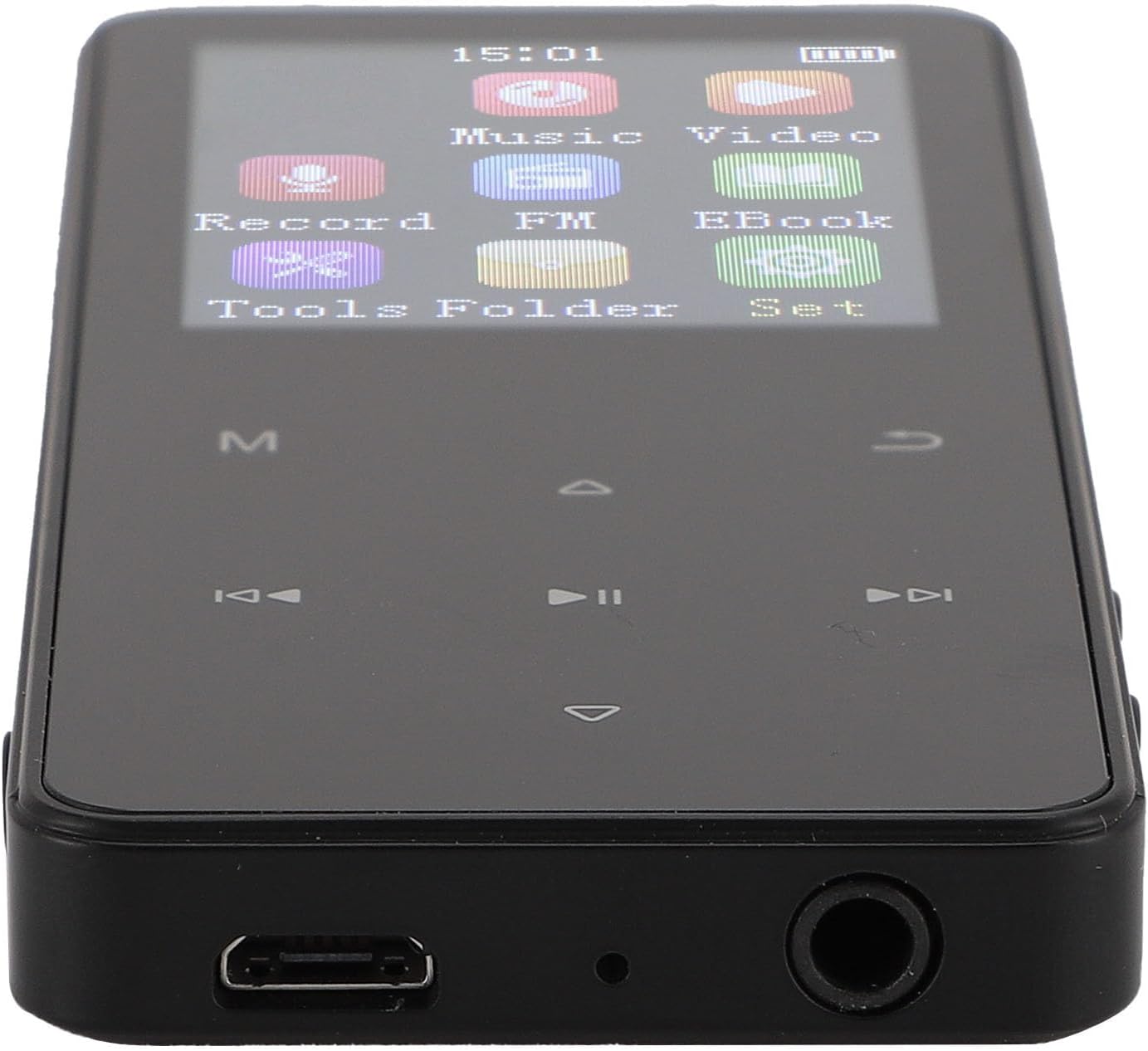 Bottom view of the ASHATA MP3 Player showing the USB port and headphone jack