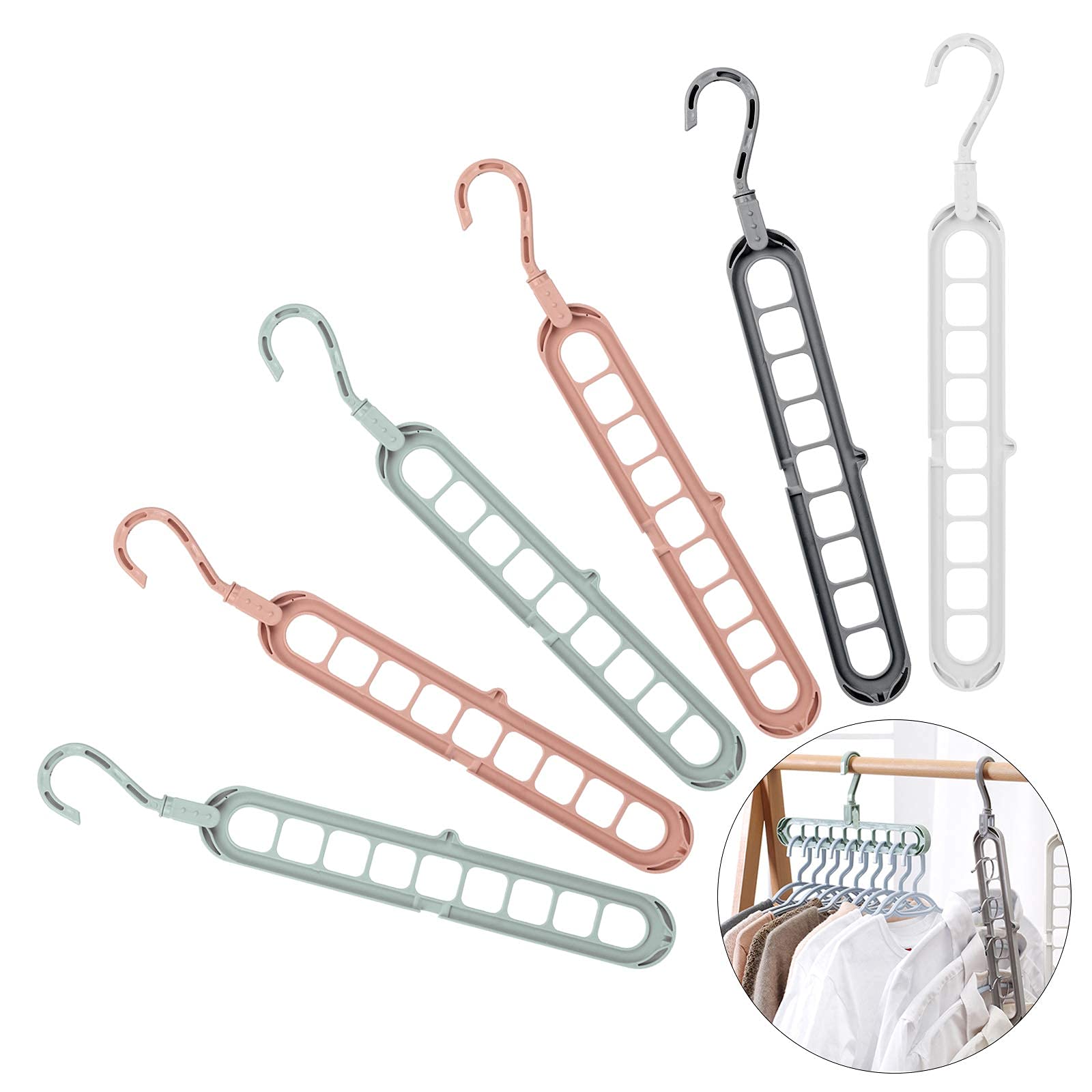 Magic Clothes Hanger Organizer, MEZOOM 6 pcs Multi Function Space Saver Hangers Rotate Anti-skid Folding Hanger Plastic Standard Hangers with 9 Holes for Drying Cascading Features Storage