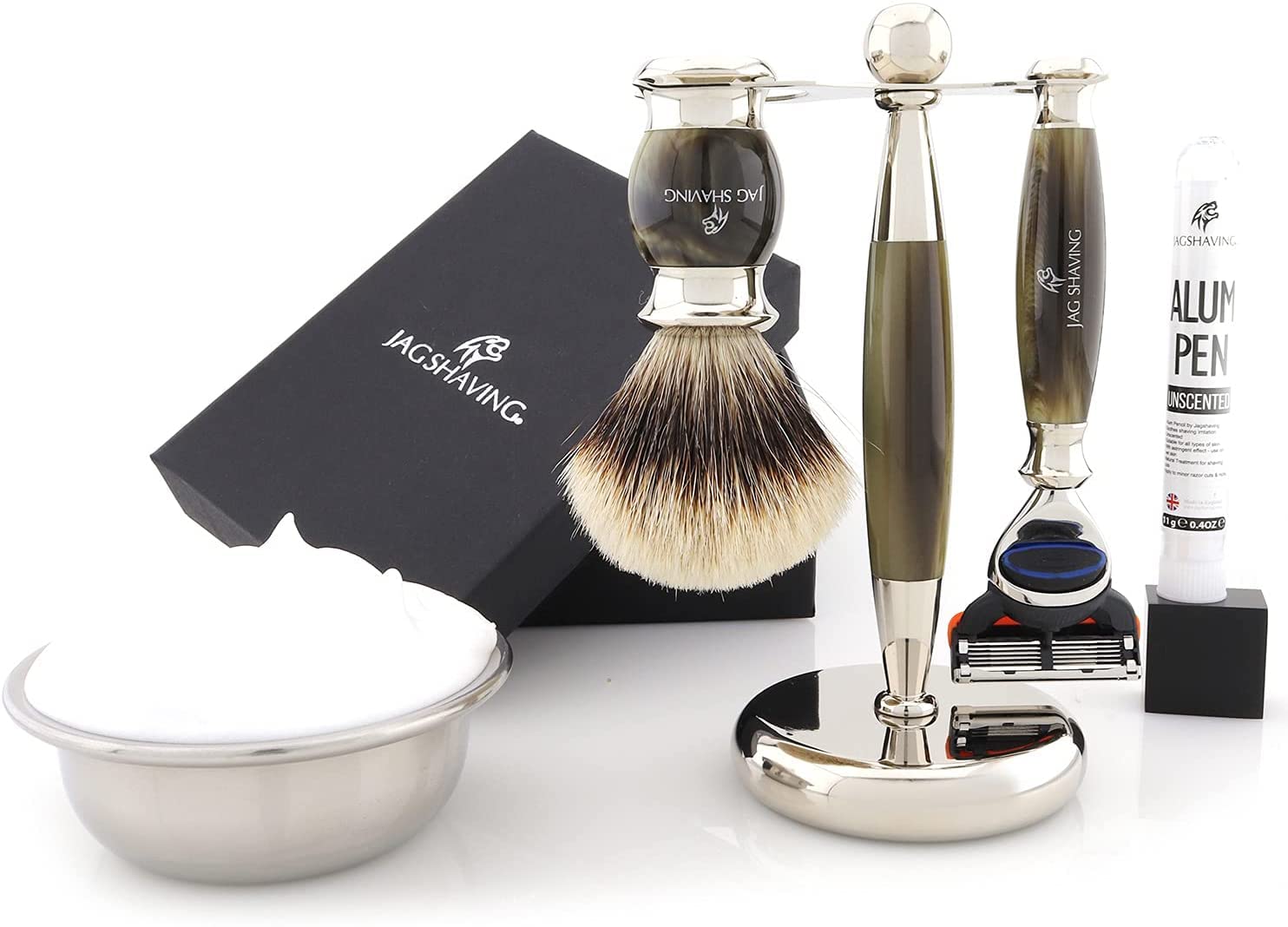Jag Shaving Rasierset – 3-teiliges Rasierset – Jag's Lee Range – Silberspitz Dachshaar Rasierpinsel – 5 Rasierklingen Rasierhobel – Rasierständer – Grüne Hornimitation