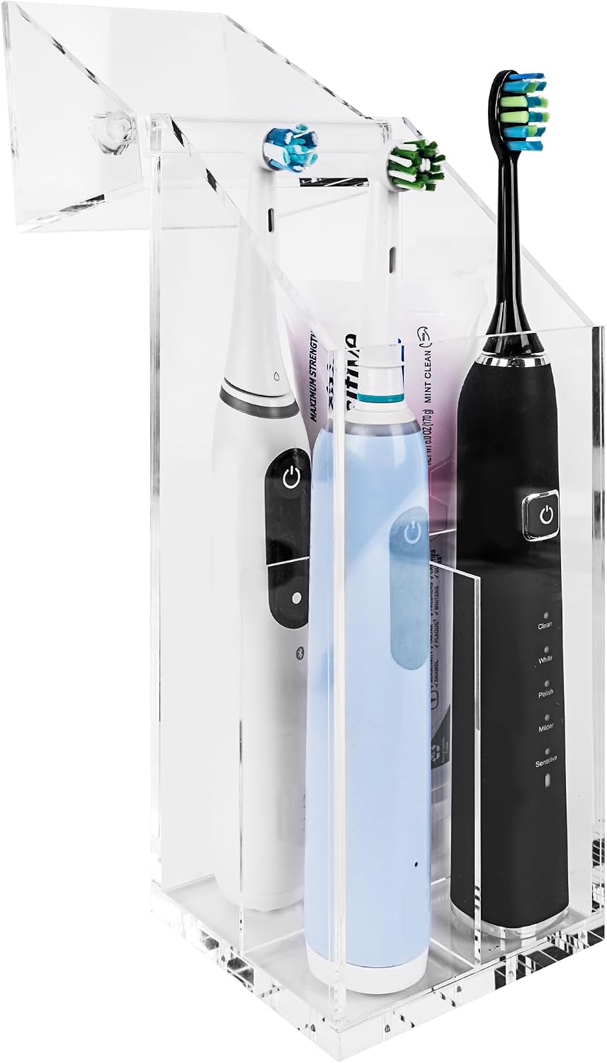 Linkidea Acrylic Electric Toothbrush Holder with Cover, Toothpaste Stand with Draining Hole, Countertop 4 Slots Organizer Compatible with Philip Sonicare, Oral-B iO Series, Aquasonic (Clear)