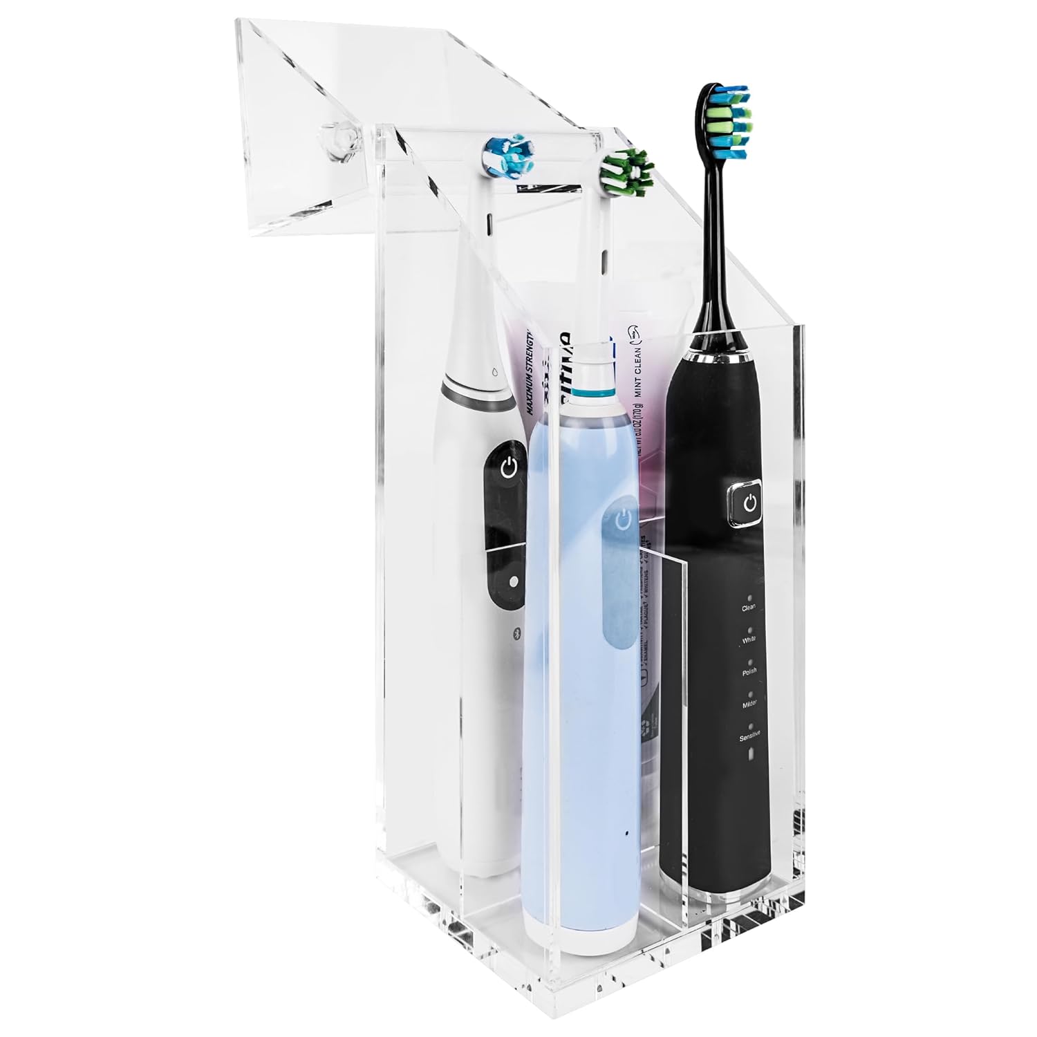 Linkidea Acrylic Electric Toothbrush Holder with Cover Toothpaste Stand with Draining Hole Countertop 4 Slots Organizer Compatible with