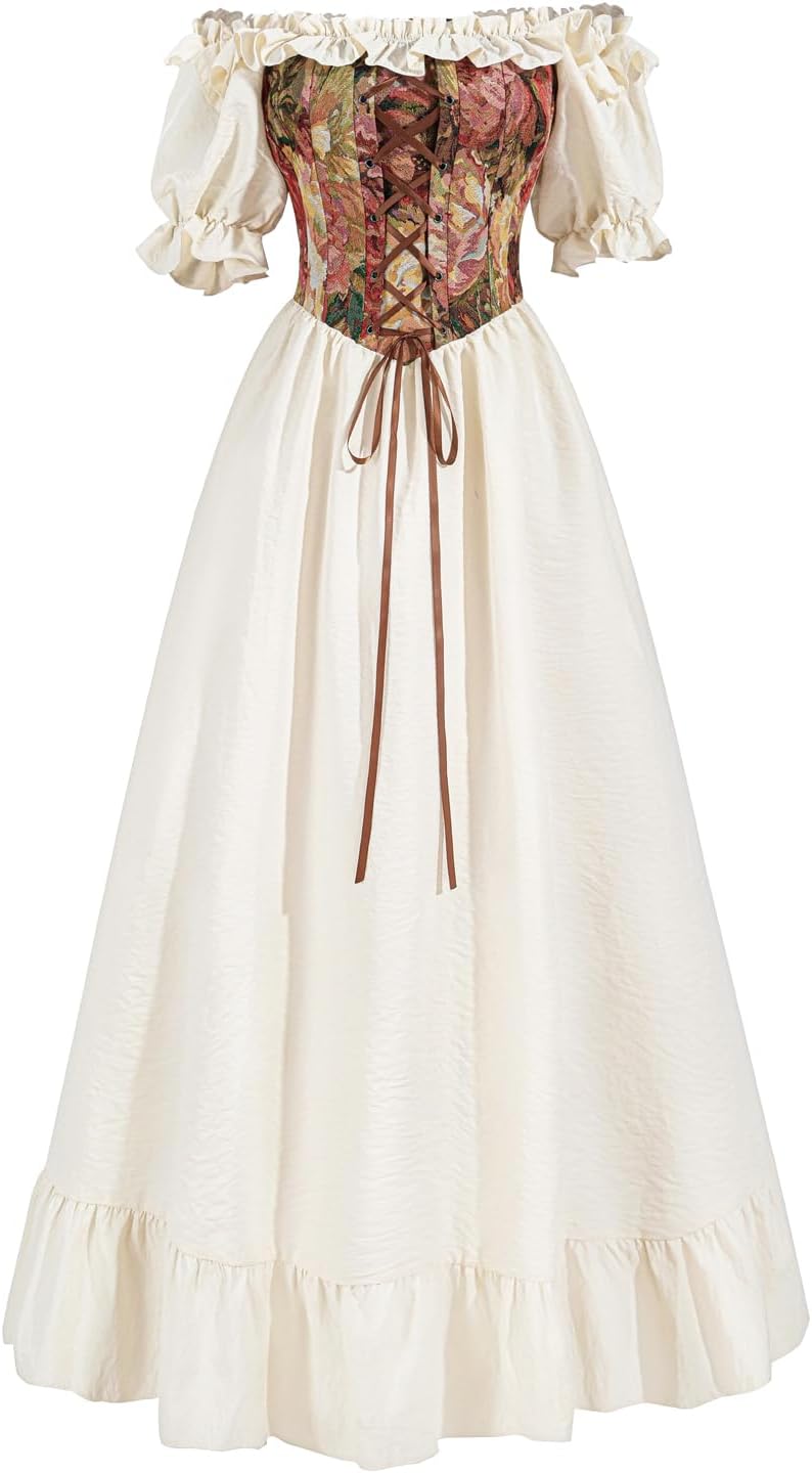 NSPSTT White Renaissance Dress Women Medieval Costume Plus Size Fairy Corset Long Dress Halloween Outfit