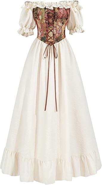 NSPSTT White Renaissance Dress Women Medieval Costume Plus Size Fairy Corset Long Dress Halloween Outfit