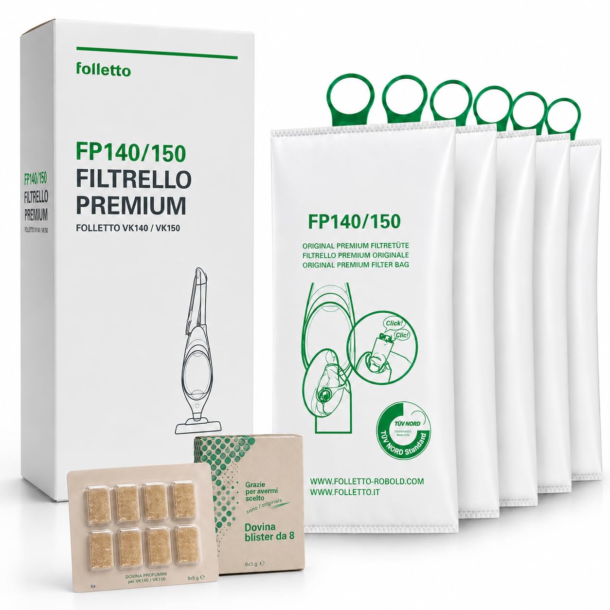 6 Sacchetti Folletto VK 140/150 ORIGINALI - Filtrello Premium FP 140/150 + DOVINA INCLUSO - per Folletto VK140/150, Triplo Strato Antipolvere, Anti Allergeni e Anti Odore