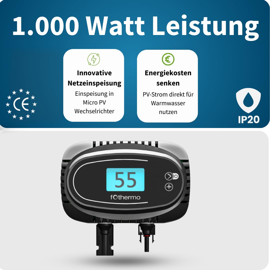 Fothermo® - 1.000 Watt Solarheizstab | 0–1.000 W stufenlos geregelter Photovoltaikheizstab inkl. Überschussnutzung | 6/4" Gewinde | Gleichstrom Heizstab