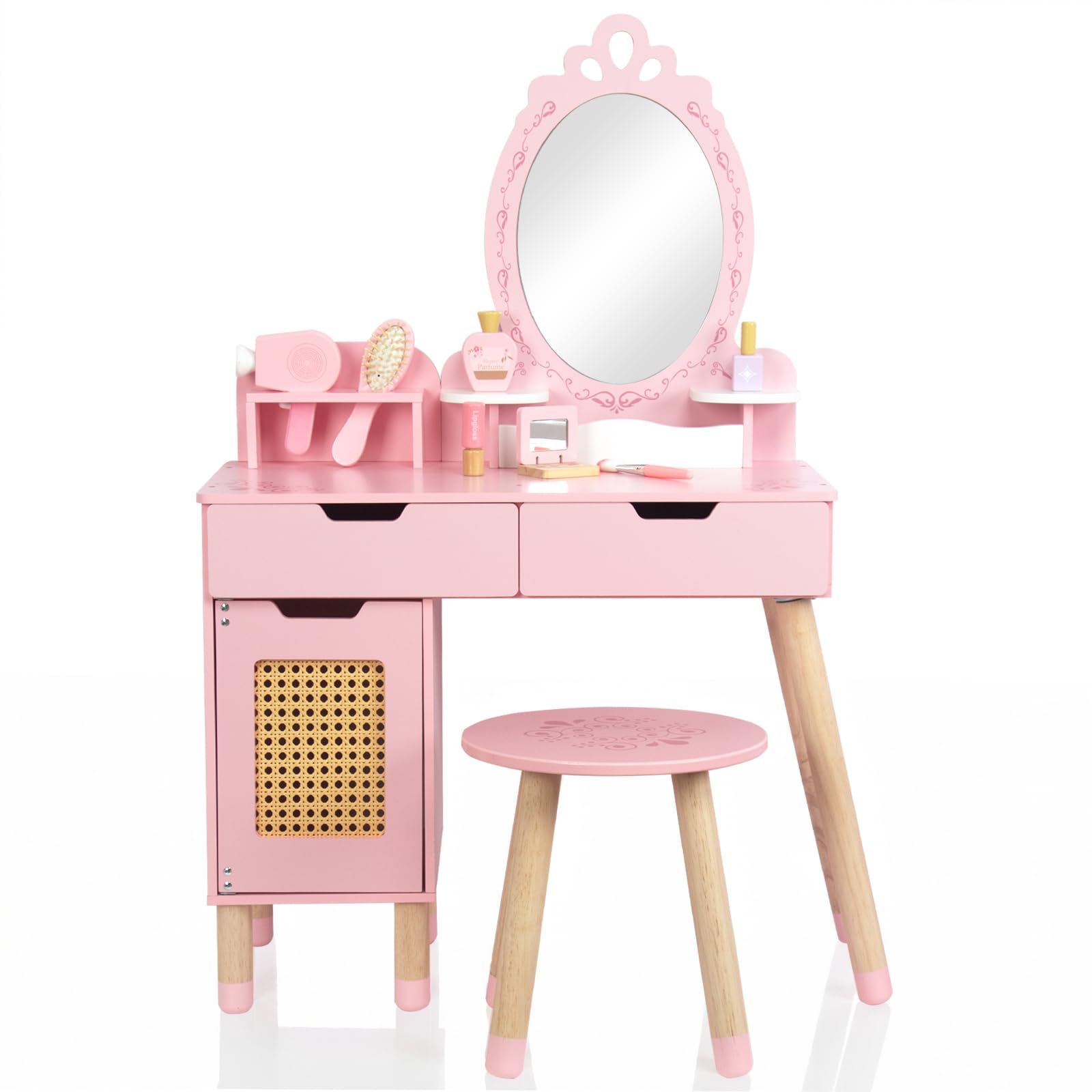 WOODENFUN Rosa Retro Palissaden Prinzessin Schminktisch für Kinder mit Hocker, Schublade, Make-up-Set, multifunktionaler hölzerner Gitter Schminktisch für Kindergeburtsgeschenk