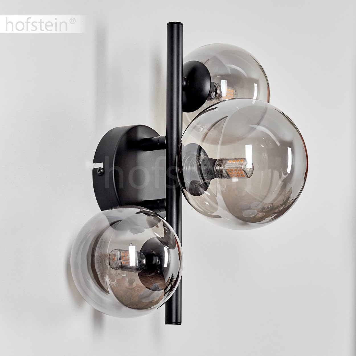 Wandleuchte Chehalis, Wandlampe aus Metall/Glas in Schwarz/Rauchfarben, Leuchte im Retro/Vintage-Design mit Schirmen aus Glas (Ø 10, 12 cm) u. An/-Auschalter am Gehäuse, 3 x G9, ohne Leuchtmittel