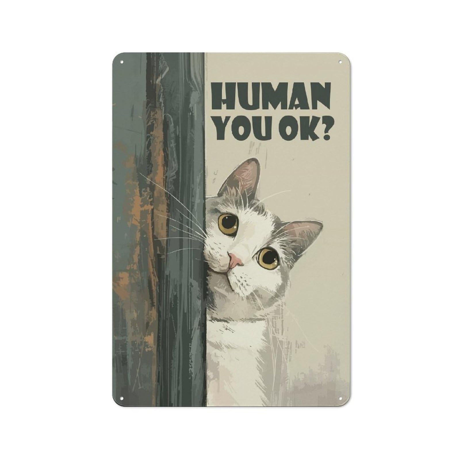 Junmoney Style-18 Curious Cat Asks Human You Ok Retro Tin Wall Plaque 30X20cm For Home Office Or Studio, For Cooler-Month Interiors With Retro Character