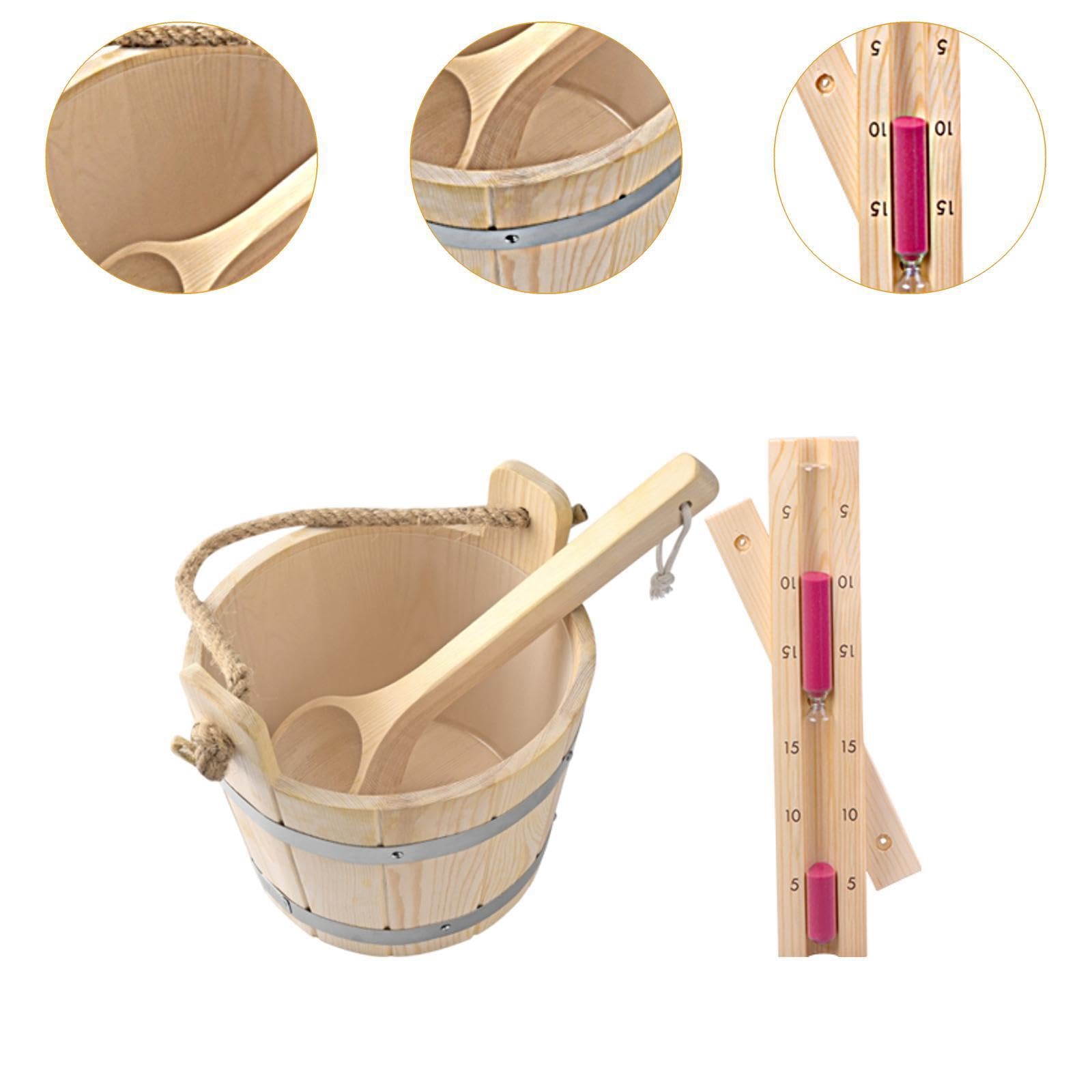 Cubo de sauna con cucharón y temporizador de reloj arena 5 l, complemento para cualquier sauna vapor relajante, kit accesorios herramientas portátiles, resistente y accesorios