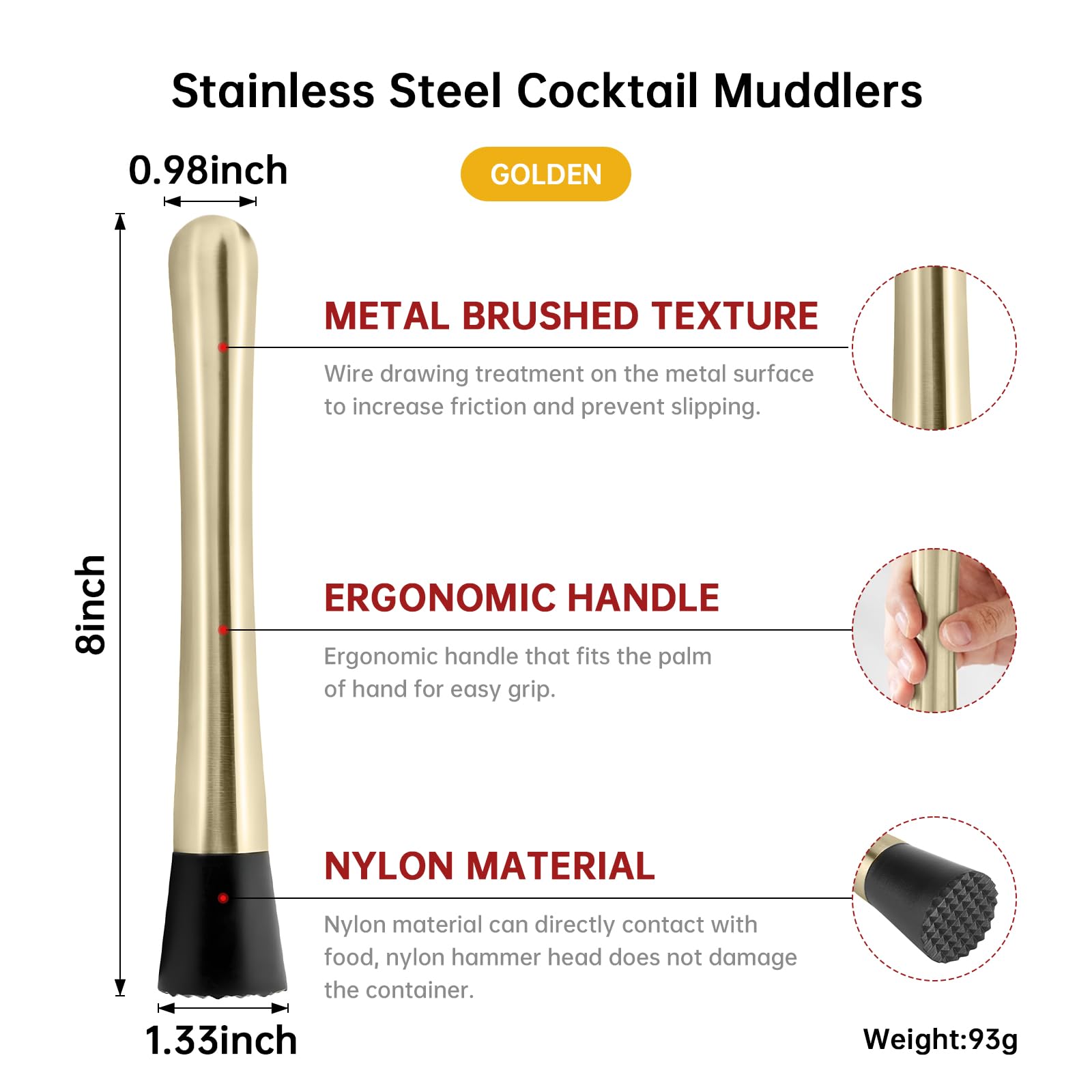 8 Inch Stainless Steel Cocktail Muddler and Mixing Spoon Home Bar Tool Set - Create Delicious Mojitos Old Fashioned/Mint Julep/Other Fruit Based Drinks (Gold)