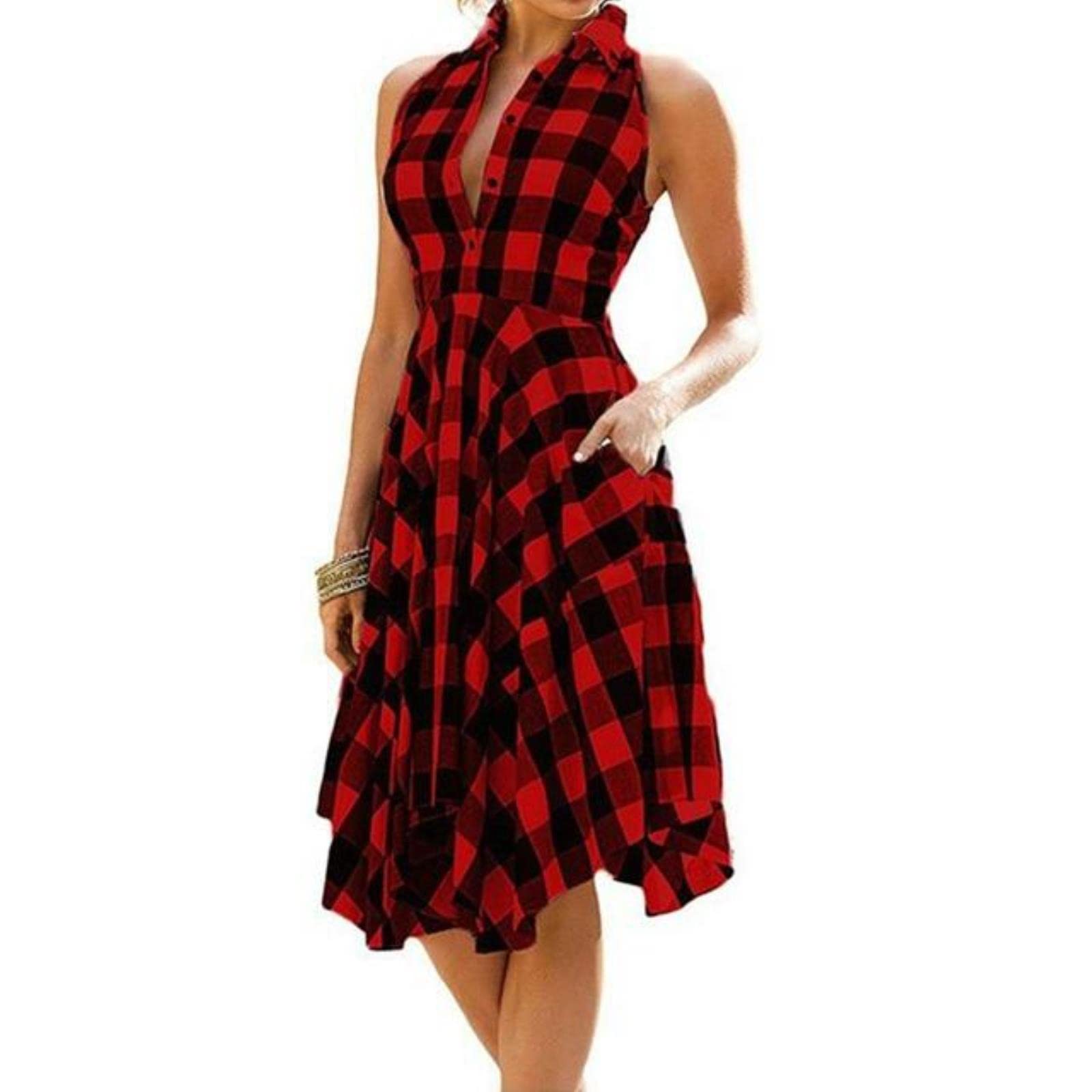 VOIV Sleeveless Plaid Dress A-Line Slim Pleated Shirt Dress Summer Casual Lapel Knee-Length Beach Party Midi Dress