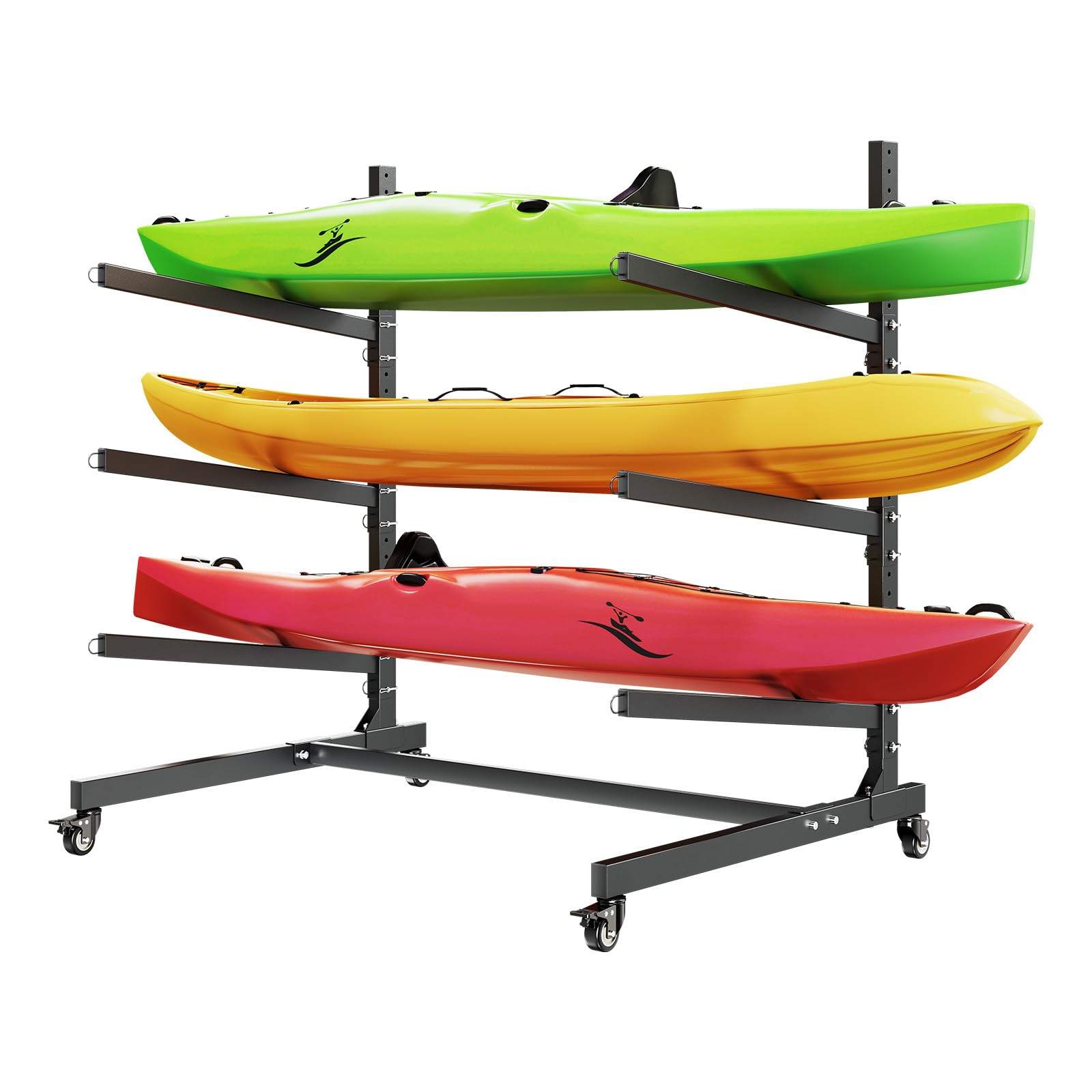 VEVOR Freistehendes Kajak-Aufbewahrungsregal für 3 Kajaks/Kanus/Surfbretter/Paddleboards, Kajakständer mit Feststellbaren Rollen für den Außen- und Innenbereich, Einstellbarer Kajakhalter 90 kg