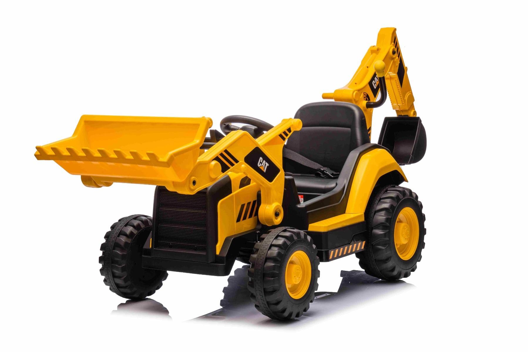 Lizensierter Caterpillar Elektrobagger mit Hang- und Grabschaufel, Einzelsitz, Gelb, USB-Anschluss am MP3-Player, Heckantrieb mit 2 x 30W Motoren und Lithium-Batterie