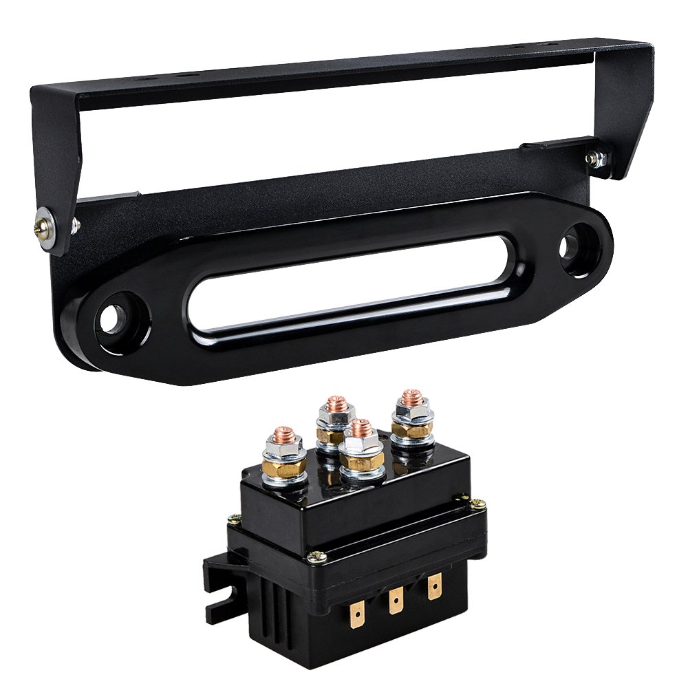 AMOPACORP 10 inch Anodized Hawse Fairlead with 254mm Flip-Up License Plate Holder with 12V 500A Winch Solenoid Relay (Black)