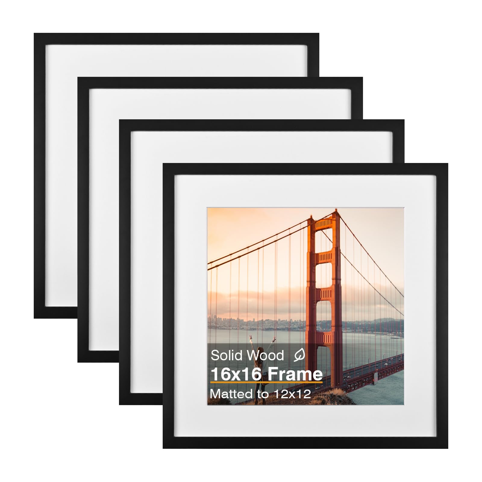KINLINK 16x16 Picture Frames 4 Pack Black Solid Wood Square Frames