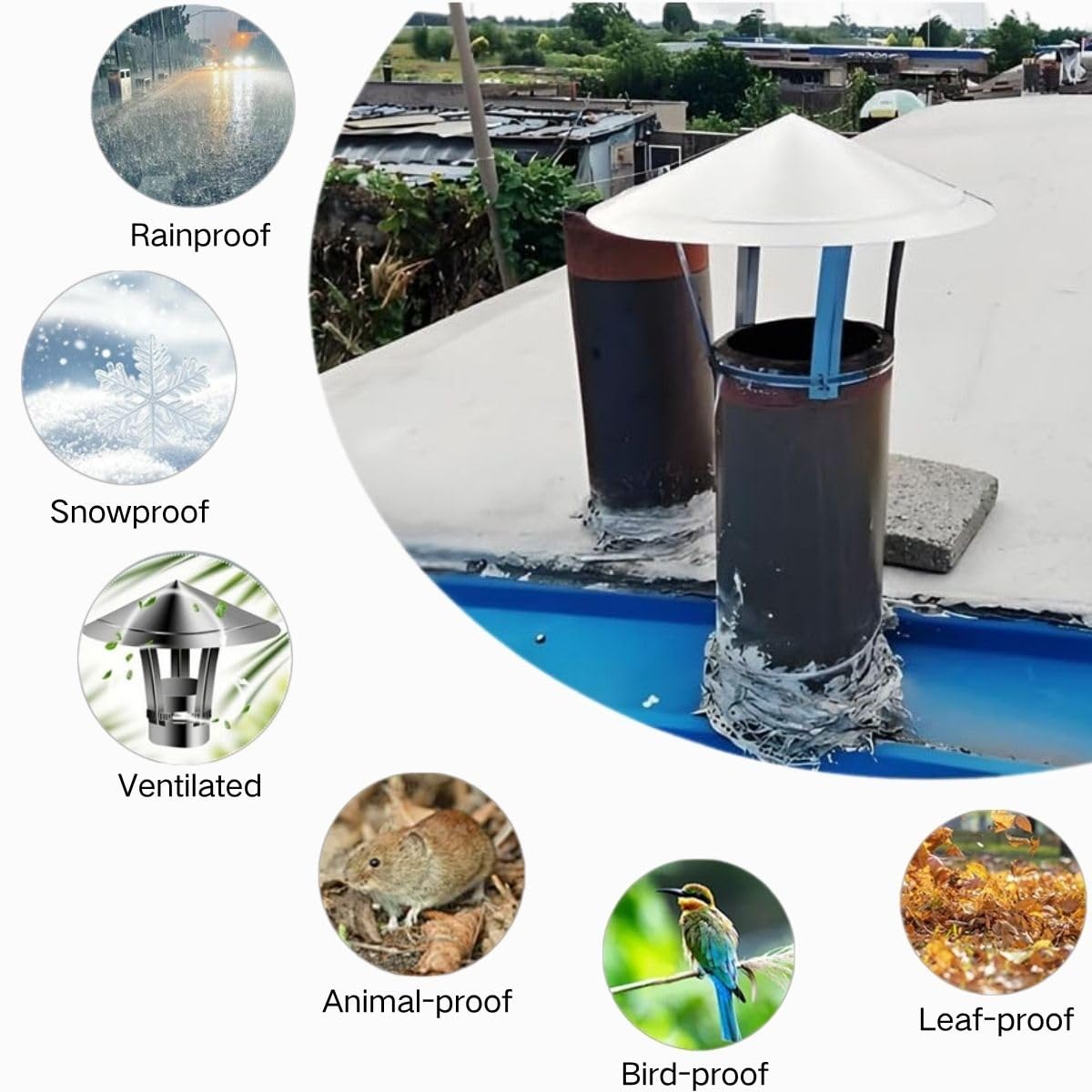 5cm-30cm Sombrerete de chimenea con parte superior cónica para exterior tubo de conducto,201 acero inoxidable sombrerete de chimenea,lluvia nieve Sombrerete,techo Sombrerete lluvia cubierta para Mad