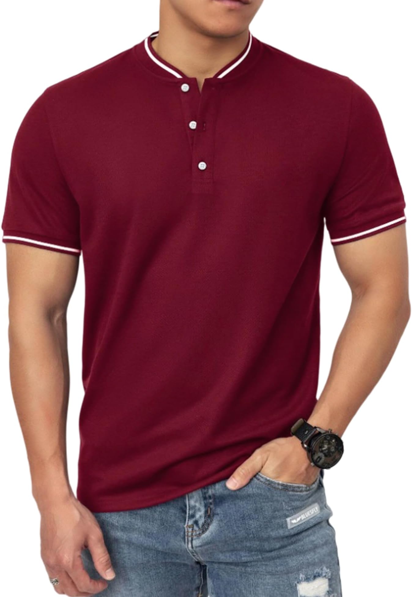 OYOZONEMen's Polo Shirts Casual Short Sleeve Cotton Pique Polo T Shirts Classic Collarless Golf Shirts for Men