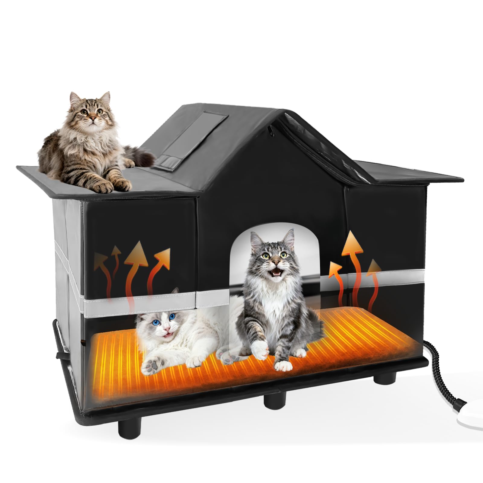Homegroove Casetta per gatti riscaldata per esterni, per feste invernali, isolata per esterni, con cuscinetto riscaldante e lucernario, protezione per randagi e gatti selvatici (nero)