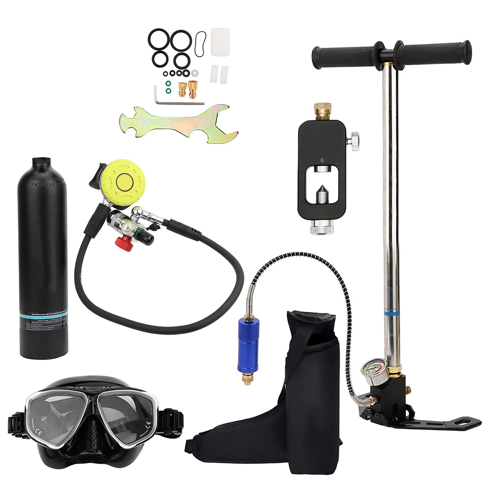 Cocoarm 1L Scuba Diving Oxygen Tank Kit, Food Grade Silicone Mouthpiece 6061 Aviation Aluminum Material 15-20 Min Underwater Breathing for Snorkeling (Stainless steel air pump + black oxygen cylinder)