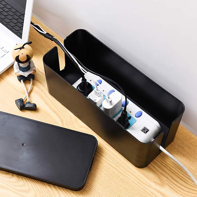 Set de 3 cajas organizadoras para cables, almacenamiento grande para escritorio, TV y computadora, para cubrir y ocultar regletas y cables (negro) miniatura 5
