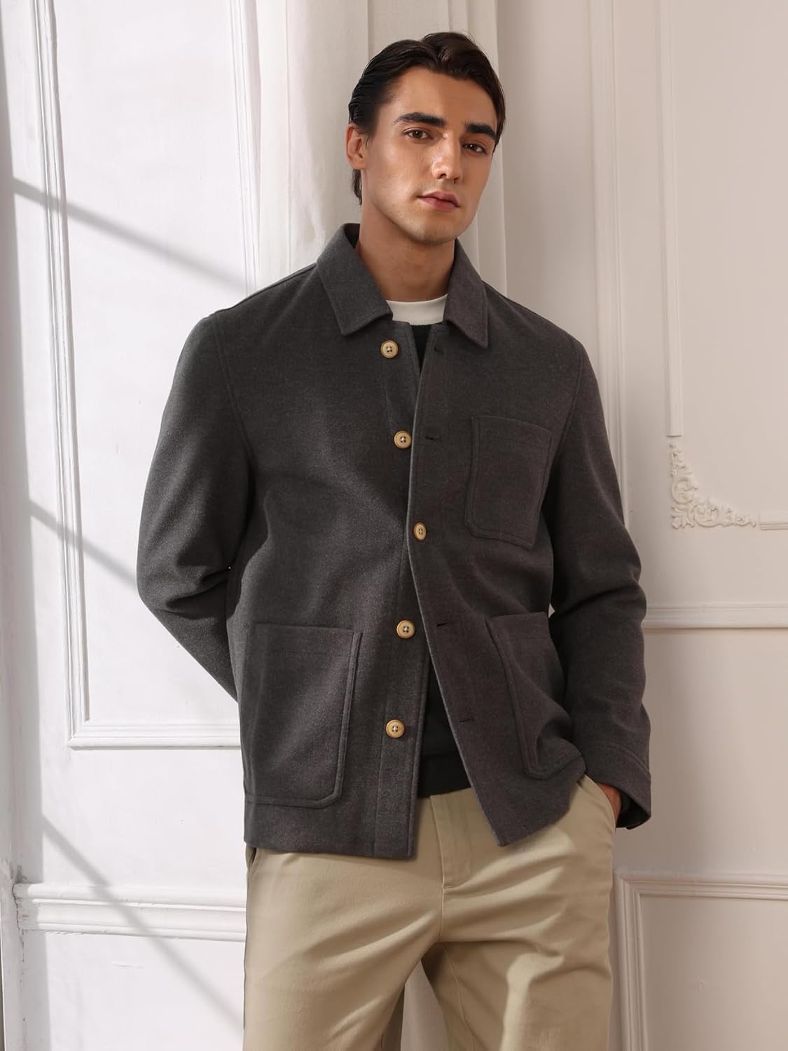 3-Pocket Shirt Jacket for Men Casual Overshirt Button Down Shacket Long Sleeve Lined Knit Brushed