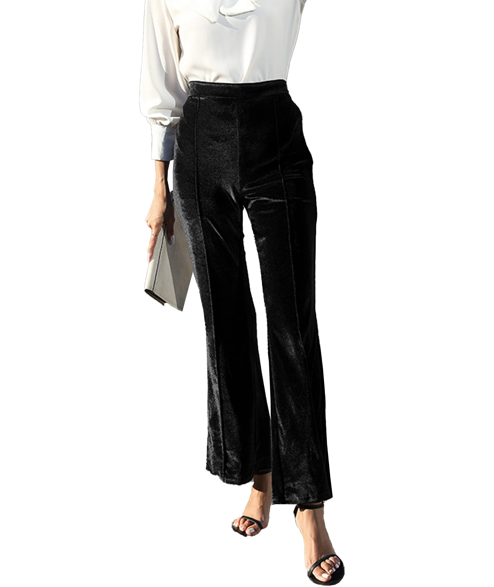 SEMATOMALA Womens Velvet Flare Work Pants High Waisted Dressy Office Elegant Business Casual Pull On Trousers