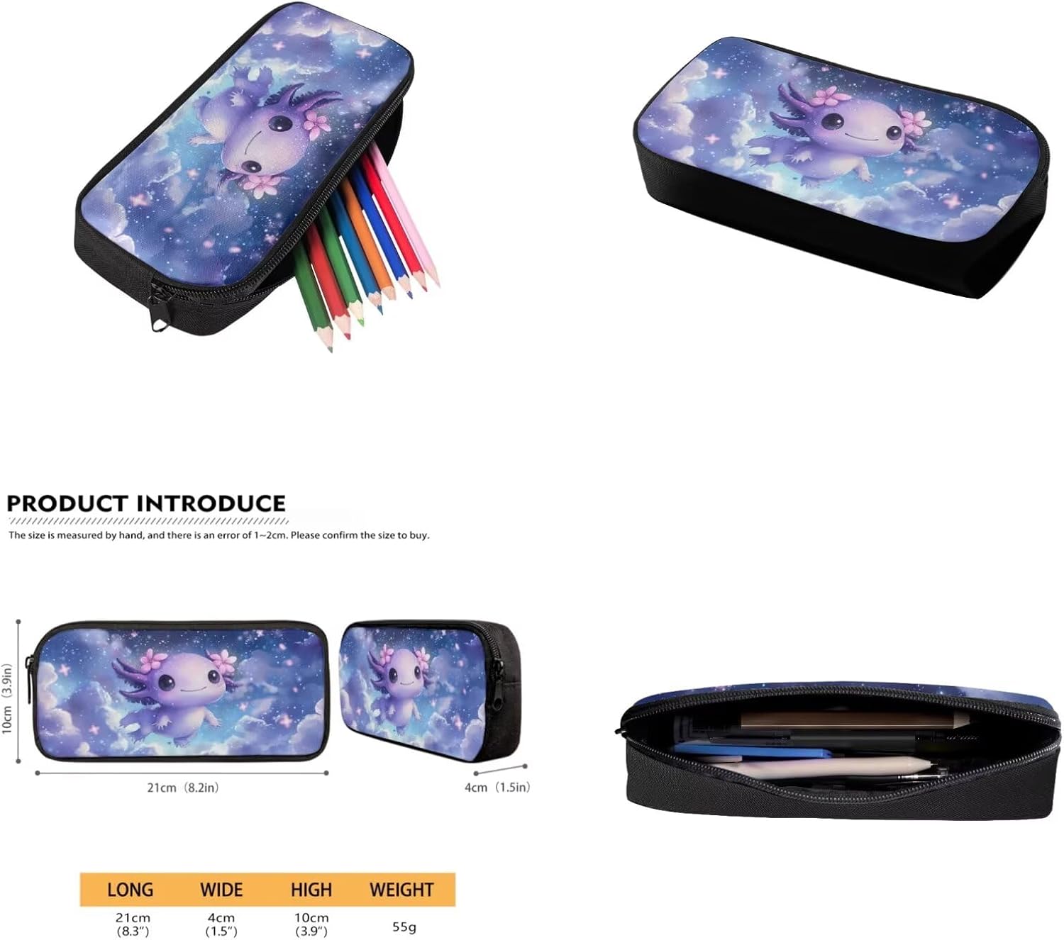 Galaxy Axolotl Backpack for Girls Kids Backpack with Lunch Box Water Bottle Carrier and Big Pencil Case 4PCS Set Bookbag with Front Pocket for School 17 inch Lightweight Elementary School Bag