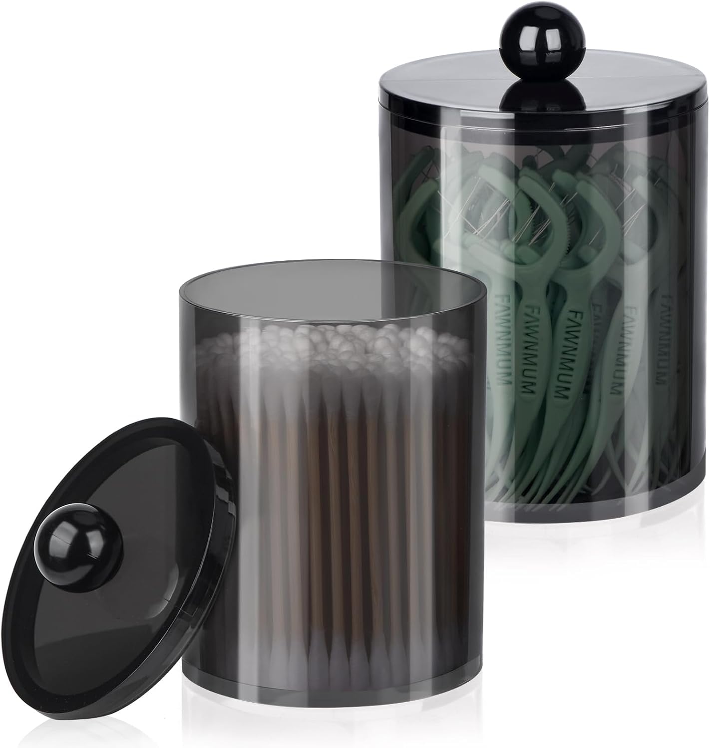 Xpandio Cottonswab Storage Dispenser Set, Light Black Clear Acrylic Apothecary Jar for Bathroom Vanity Organizer, Clear Cotton Ball Holder Cotton/Earbud Holder Storage Container with Lid (PACK OF 2)