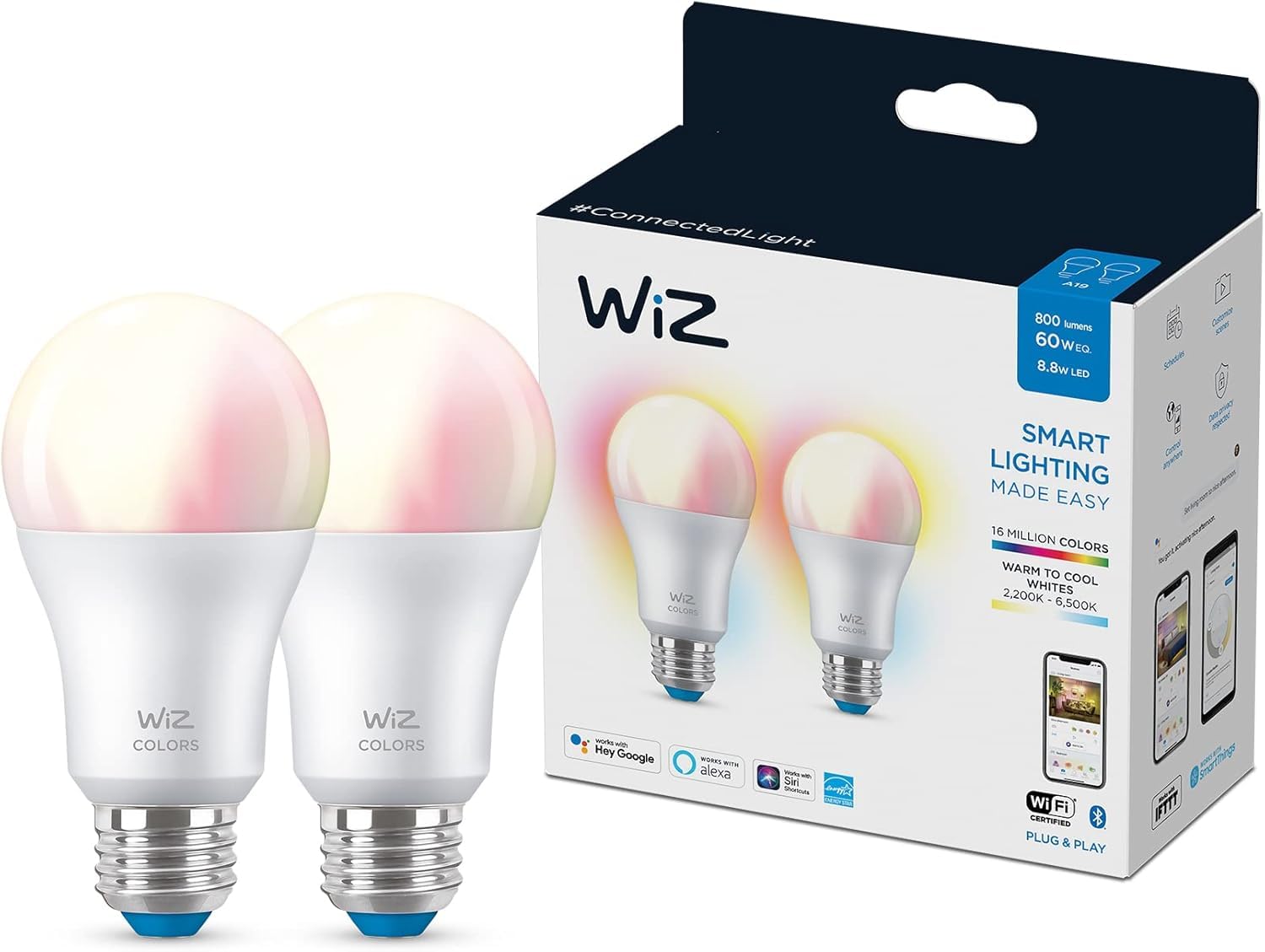 WiZ Connected 2-Pack Color 60W A19 Smart WiFi Light Bulb, 16 Million Colors, Compatible with Alexa and Google Home Assistant, No Hub Required