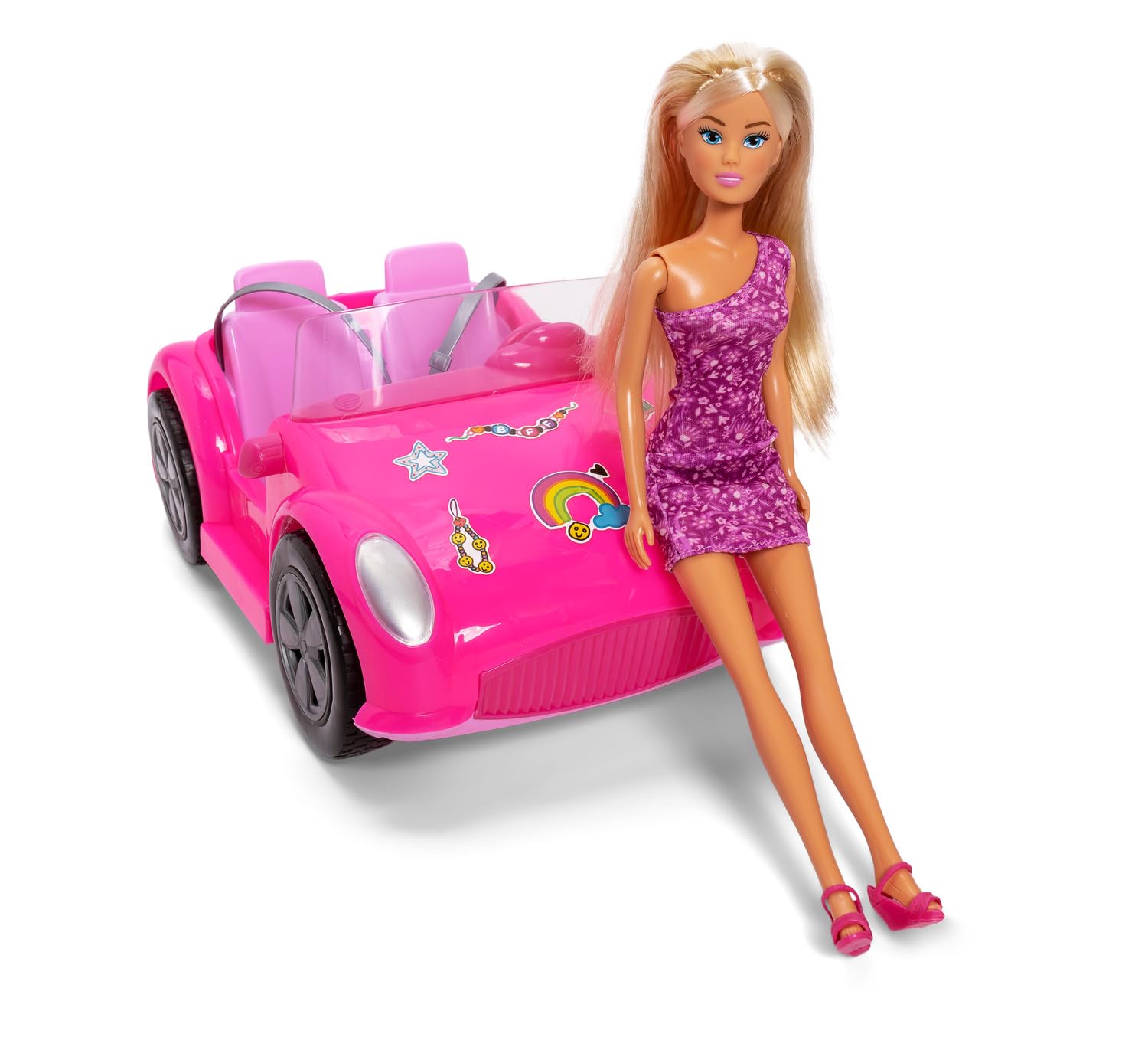 Simba Steffi Love Beach Car – Steffi im Strandbuggy mit Stickerbogen zum Dekorieren, Fahrzeug für Puppen bis 29 cm, Länge 29 cm, Puppenfahrzeug für Kinder ab 3 Jahren