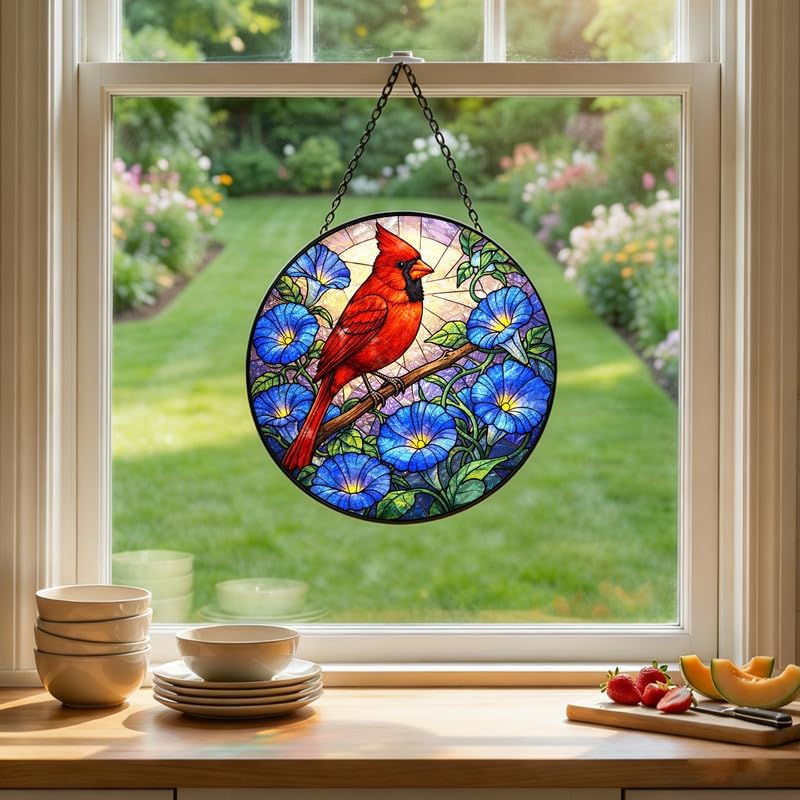 Stained Glass Window Hanging Suncatcher 7.8 in Red Cardinal and Blue Morning Glory Colorful Glass Panel Sun Catcher for Window， Window Hanging Decor for Home， Housewarming Gift