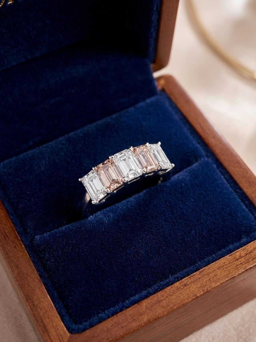 2.40 Carat Lab Grown Diamond 5 Stone Ring 14K White Gold Emerald Cut Pink & White Diamond Ring VVS Size 6.75