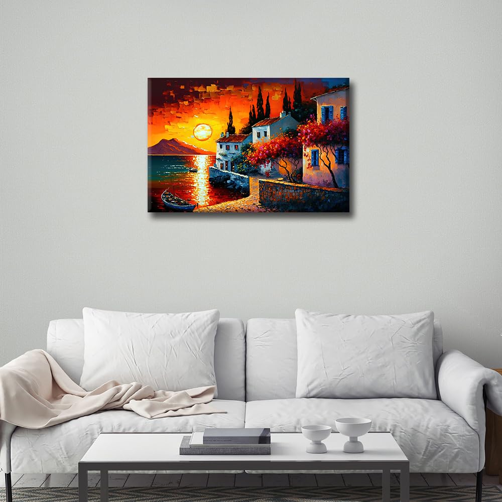TISHIRON Greece Seaside Cityscape Wallpaper Wall Art Ocean View in Evening Time Oil Painting for Living Room Bedroom Canvas Home Decor House Decorations Framed Ready to Hang 16"x24" - Image 3