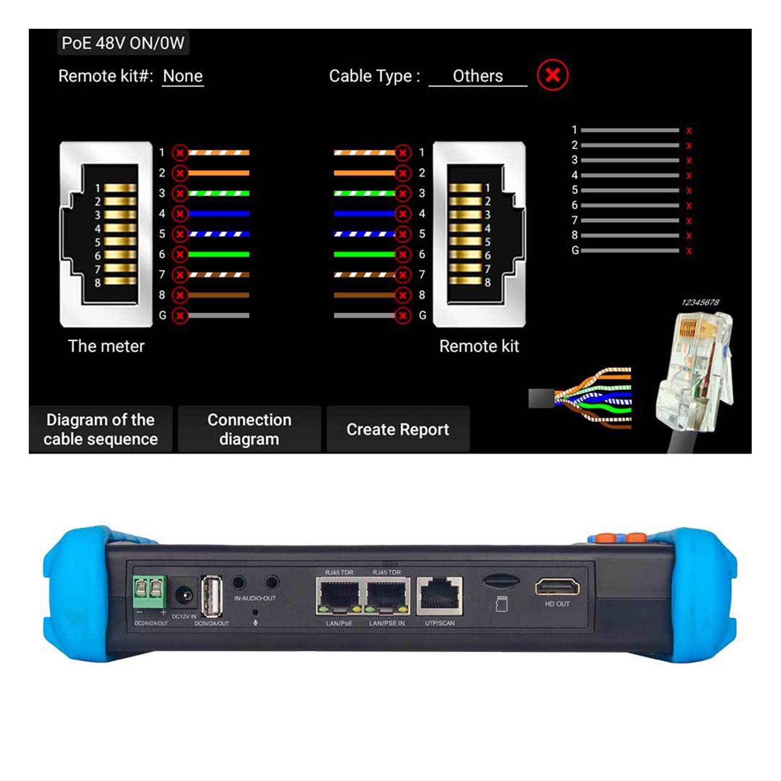 Probador de Red Ethernet de 7 Pulgadas, Probador de Cámara IP de Seguridad, Compatible con Prueba TDR de Cable RJ45, Equipado con Accesorios para Detección de Red Ethernet para Probar Voltaje (EU)